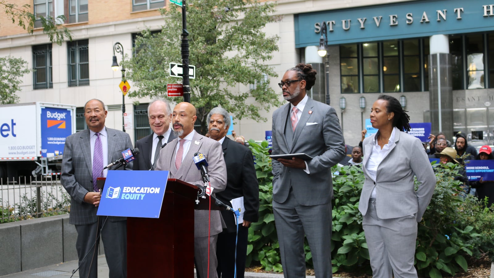 Supporters of Education Equity Campaign hold a press conference outside of Stuyvesant High School, including Rev. Kirsten Foy, center, cosmetics billionaire Ronald Lauder, left, and former Time Warner and Citigroup chairman Richard Parsons, far left.