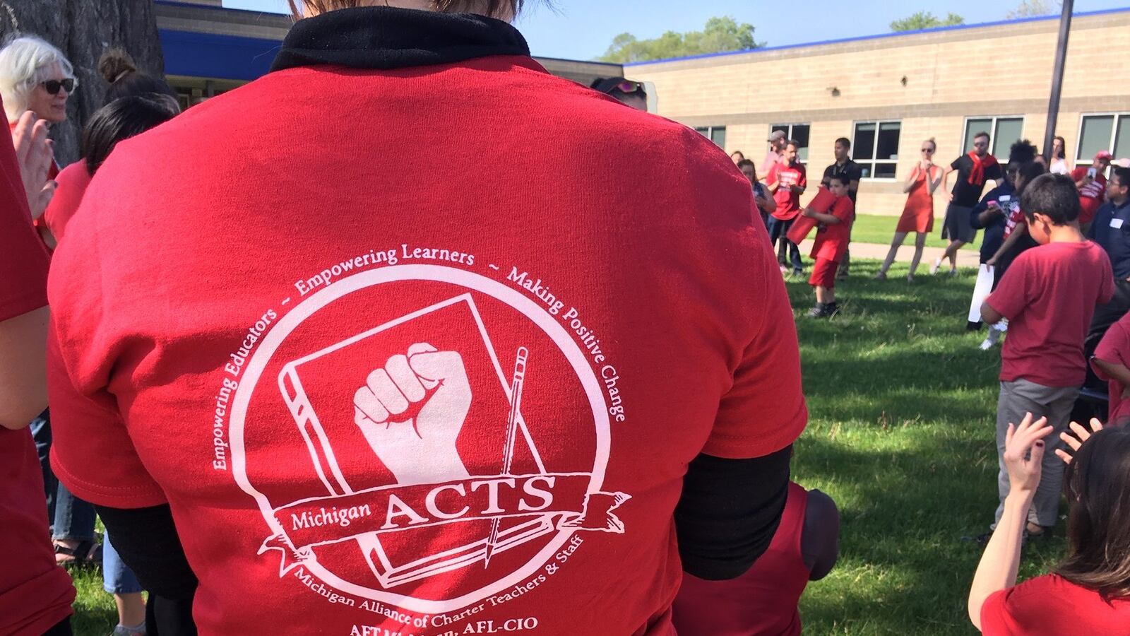 Unionized teachers at the Southwest Detroit Community School gathered last month to demand a new contract.