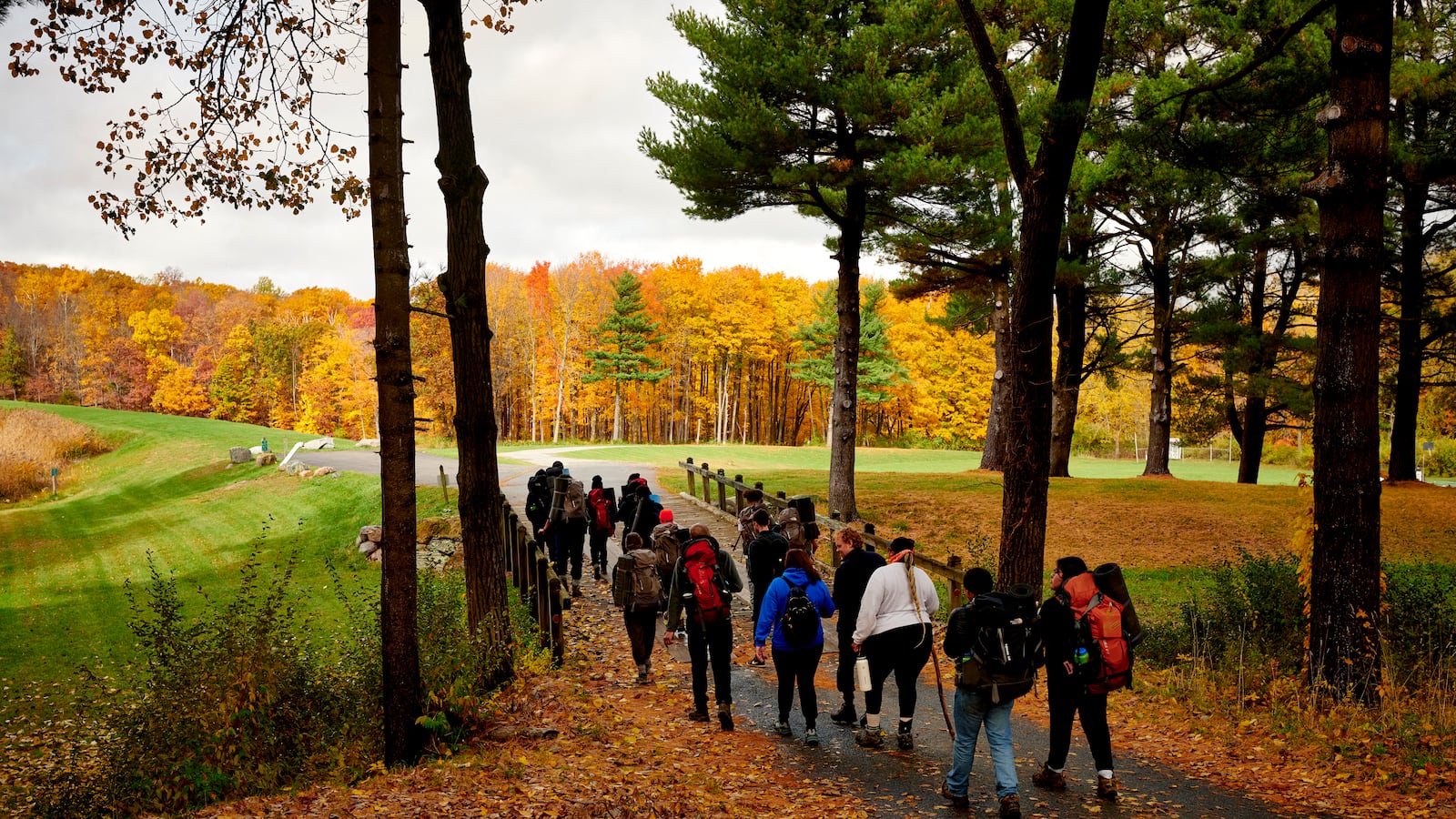 A group of high school students hike on an idyllic trail lined with yellow, orange, and red trees.