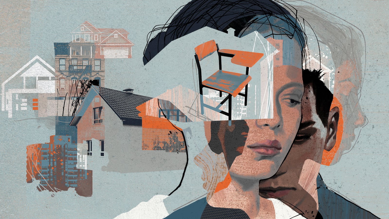 An illustration depicts two children’s faces along with several drawings of houses.