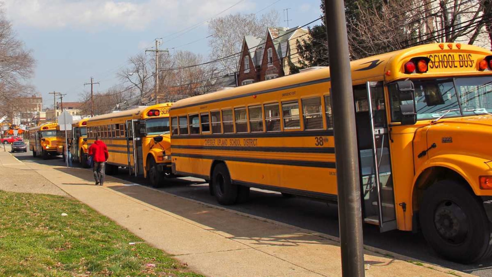 A line of yellow school buses.