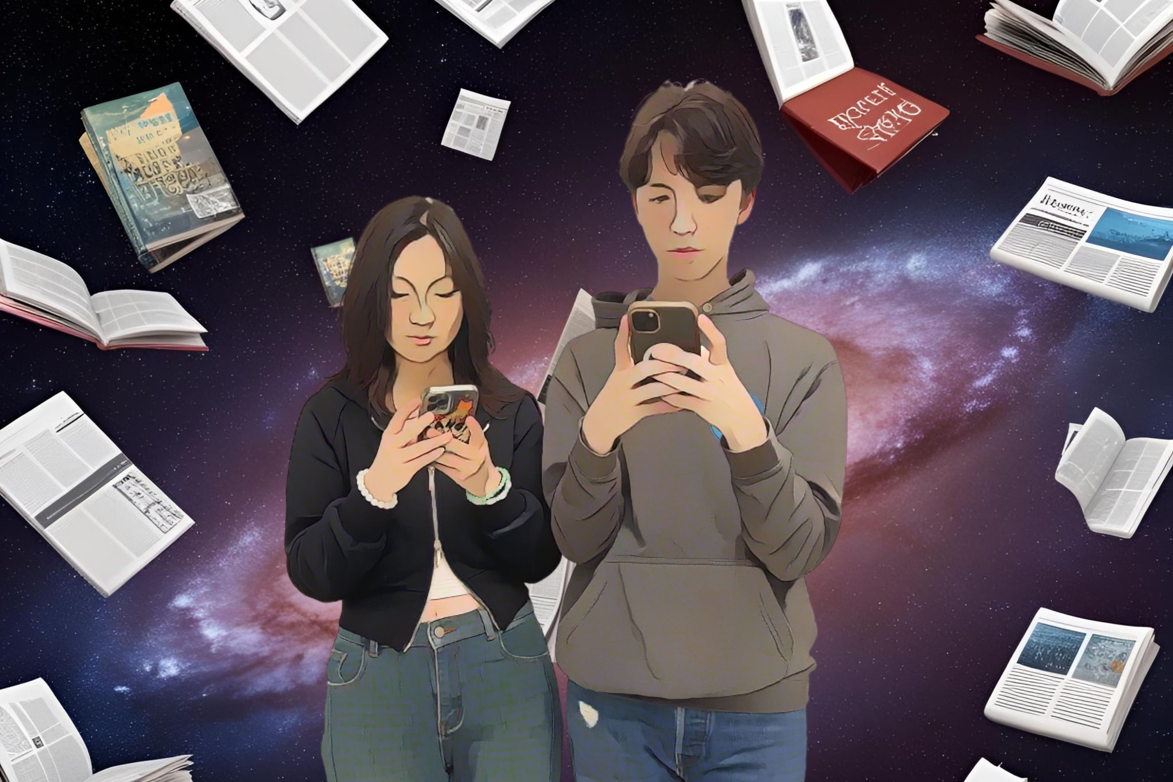 An AI-generated illustration of two high school students standing next to each other on cellphones with books floating around them with an image of space in the background.