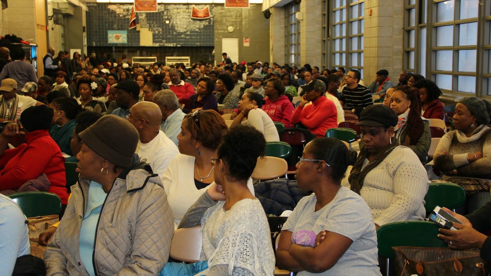 Parents packed into the cafeteria of Medgar Evers College Preparatory School for a meeting in 2015.