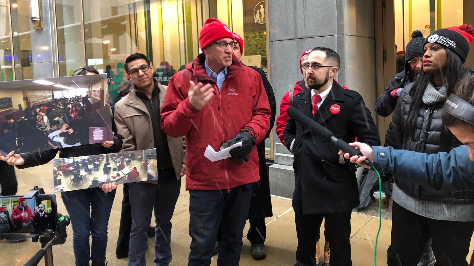 Jesse Sharkey, president of the Chicago Teachers Union, speaks outside the Chicago board of education meeting on  Jan. 23, 2019.