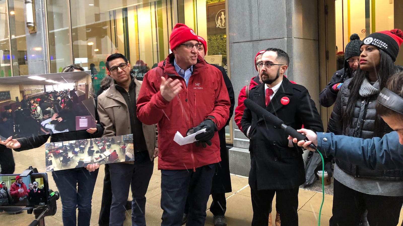 Jesse Sharkey, president of the Chicago Teachers Union, speaks outside the Chicago board of education meeting on  Jan. 23, 2019.