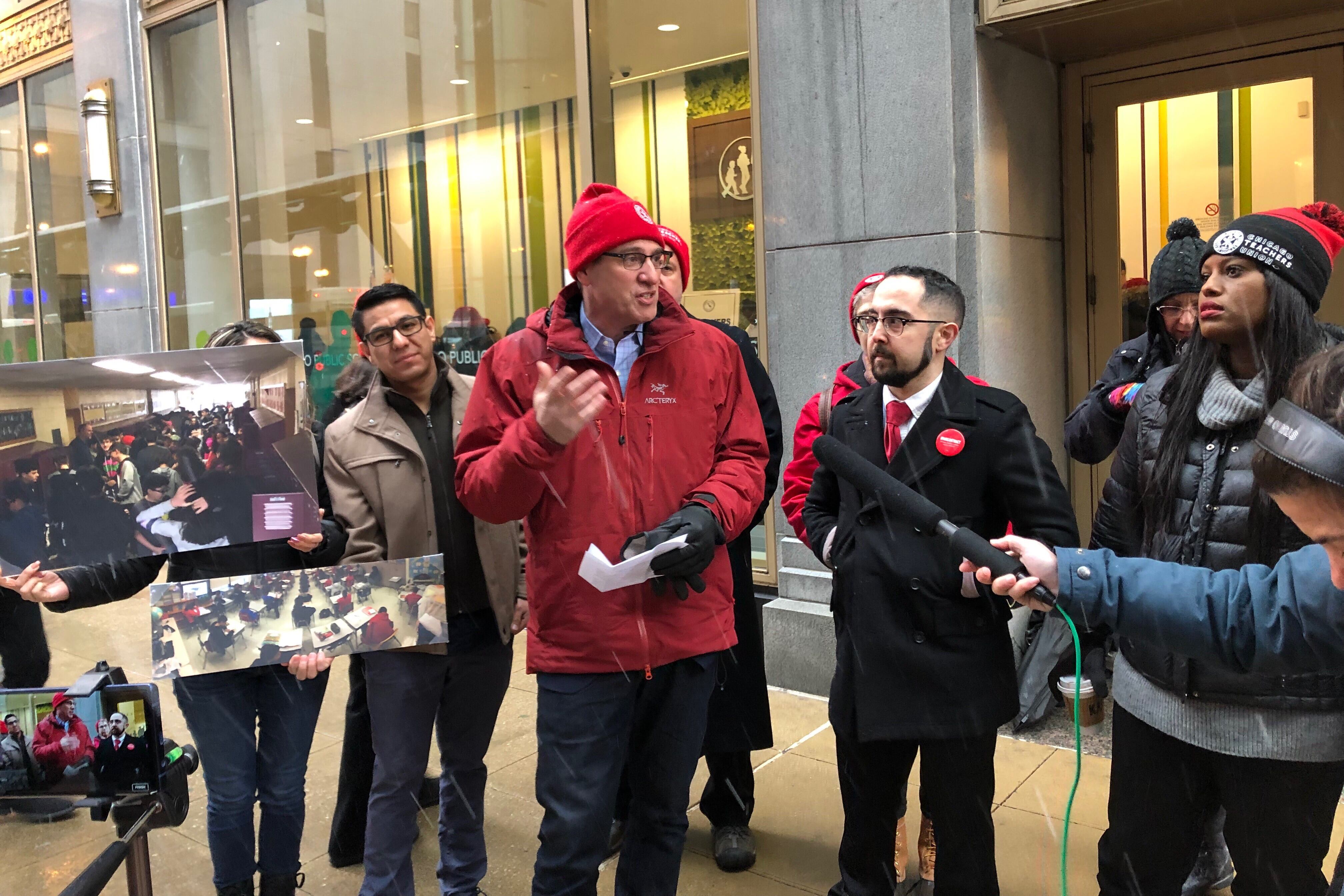 Jesse Sharkey, president of the Chicago Teachers Union, speaks outside the Chicago board of education meeting on Jan. 23, 2019.