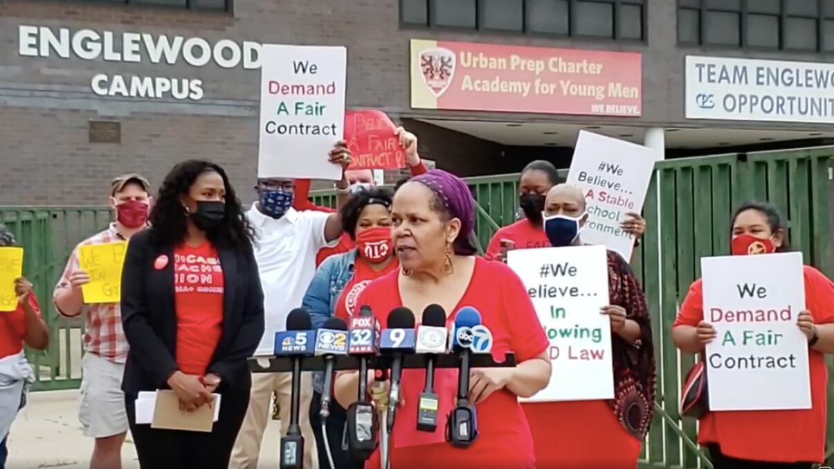 Shelley Aaron, a special education teacher at Urban Prep Englewood, speaks on the first day of a strike of educators at the three-campus charter network. 