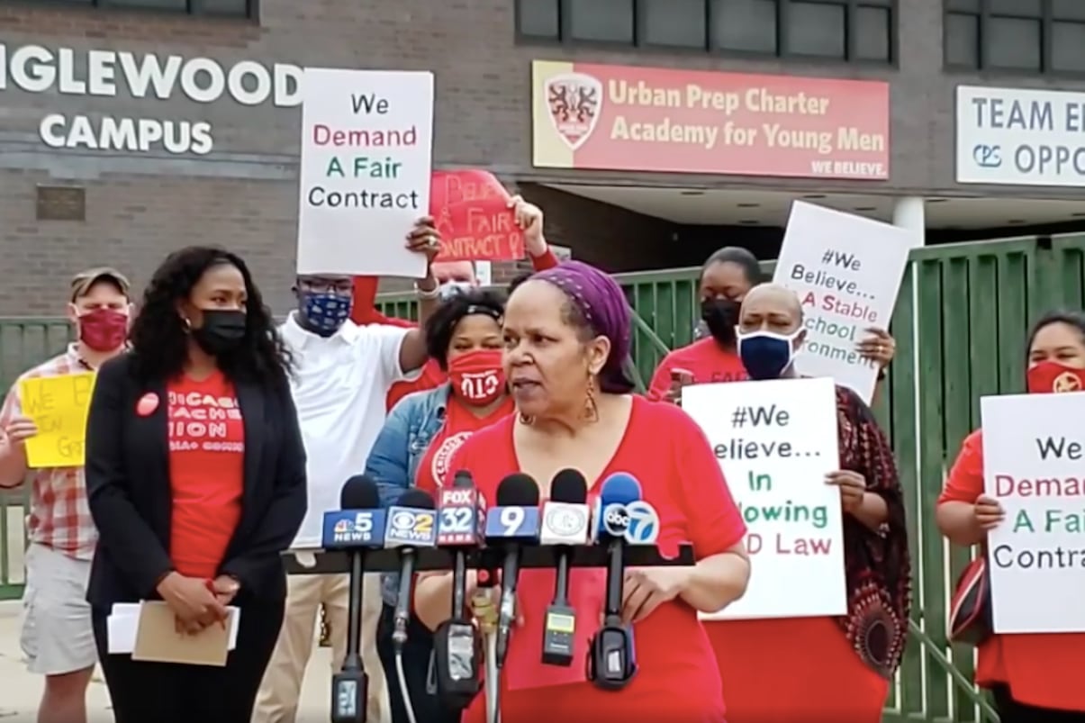 Shelley Aaron, a special education teacher at Urban Prep Englewood, speaks on the first day of a strike of educators at the three-campus charter network. 