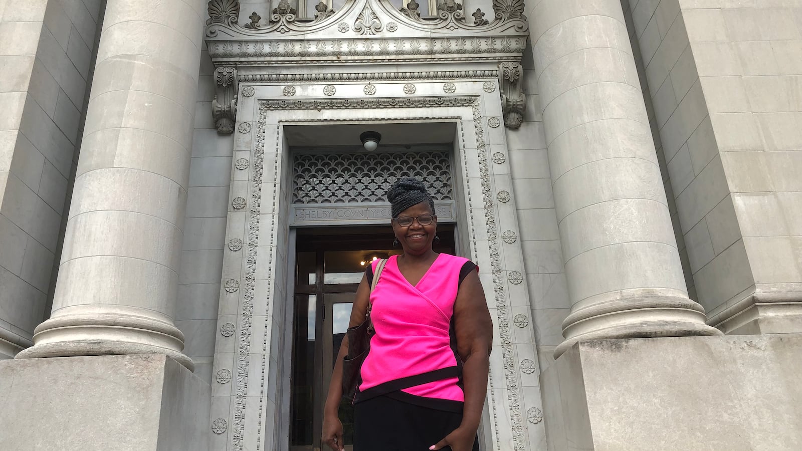 Shirley Quinn, the fired secretary at Trezevant High School, in front of Shelby County Circuit Court last week.