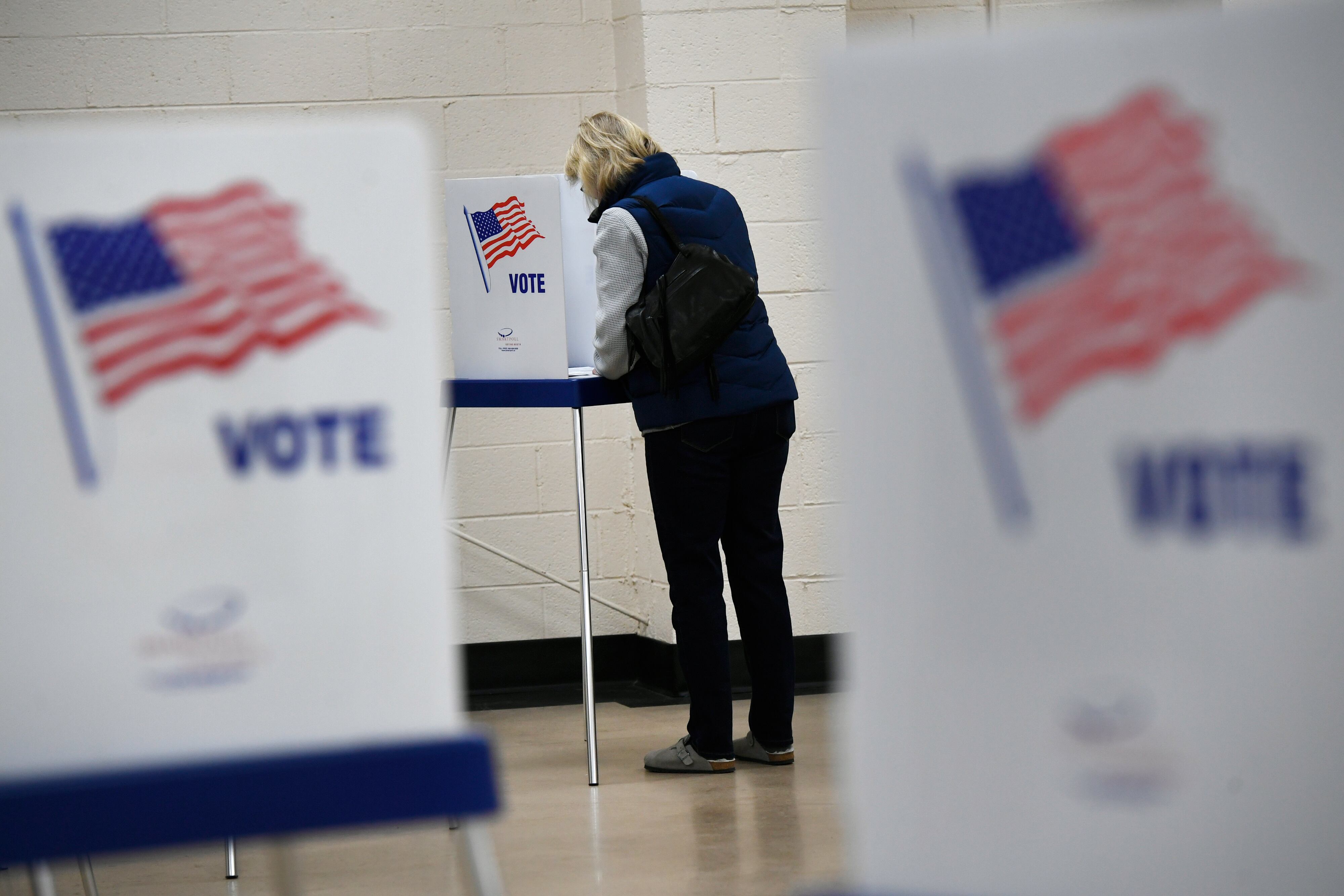 A woman goes over her ballot in a voting booth, with a few other white booths sit in the foreground. Each voting partition is decorated with an American flag and the word “VOTE”.