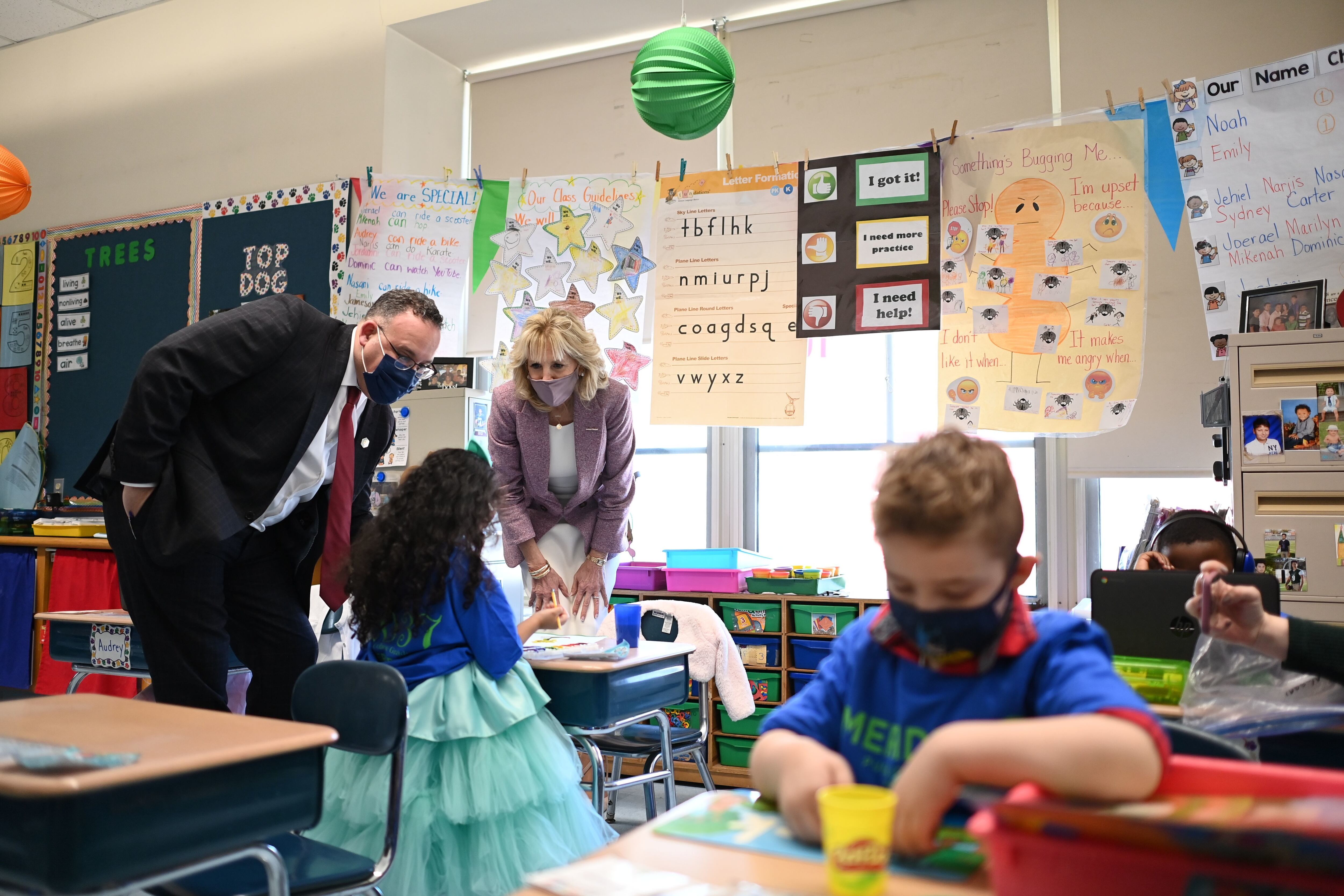 US First Lady Jill Biden and Education Secretary Miguel Cardona tour Benjamin Franklin Elementary School in Meriden, Connecticut, on March 3, 2021.