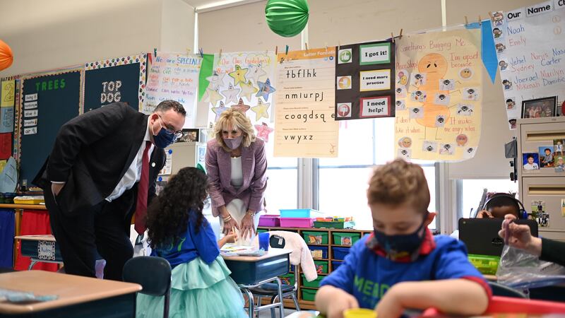 US First Lady Jill Biden and Education Secretary Miguel Cardona tour Benjamin Franklin Elementary School in Meriden, Connecticut, on March 3, 2021.