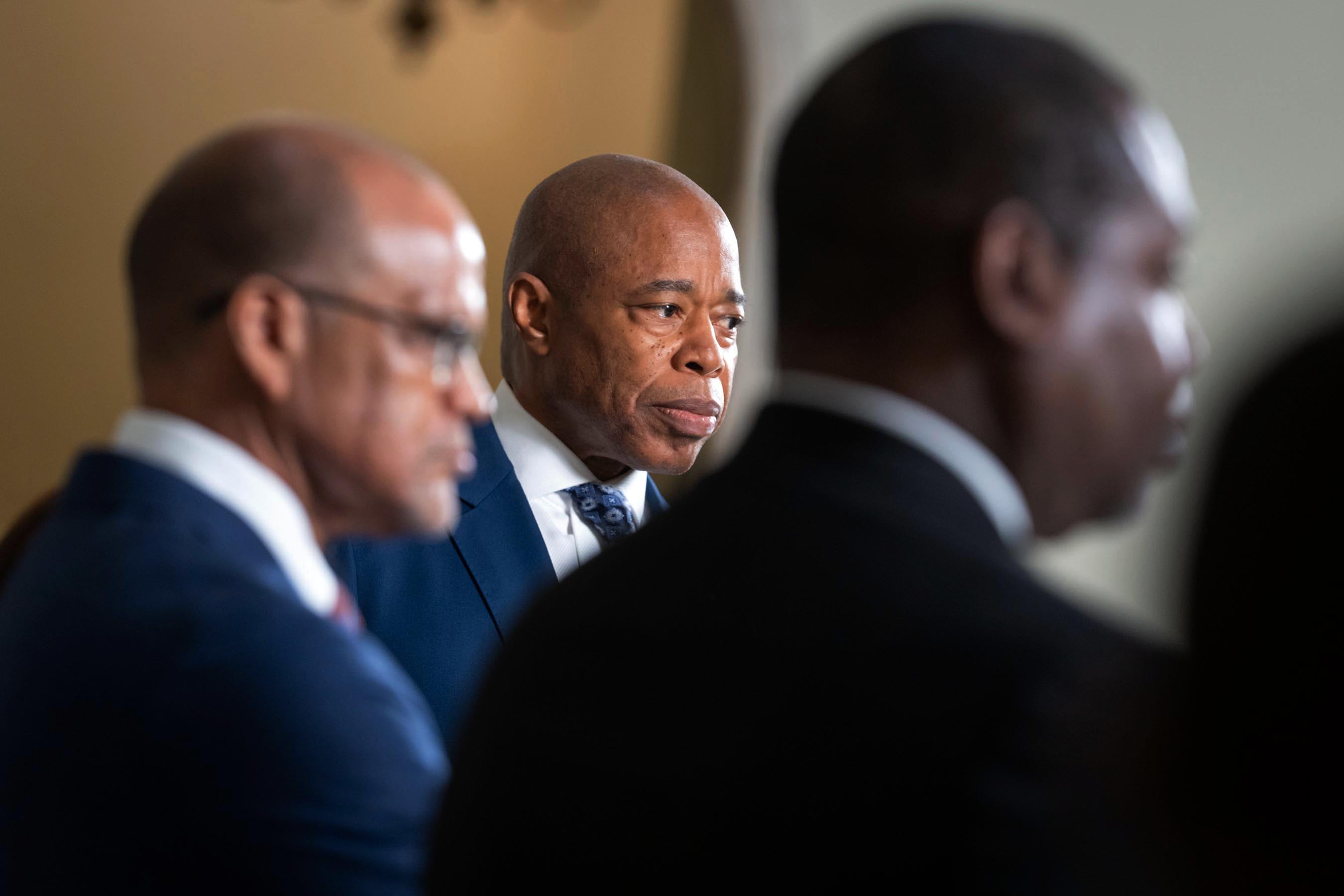 Mayor Eric Adams is in center of frame schools Chancellor David Banks next to him.