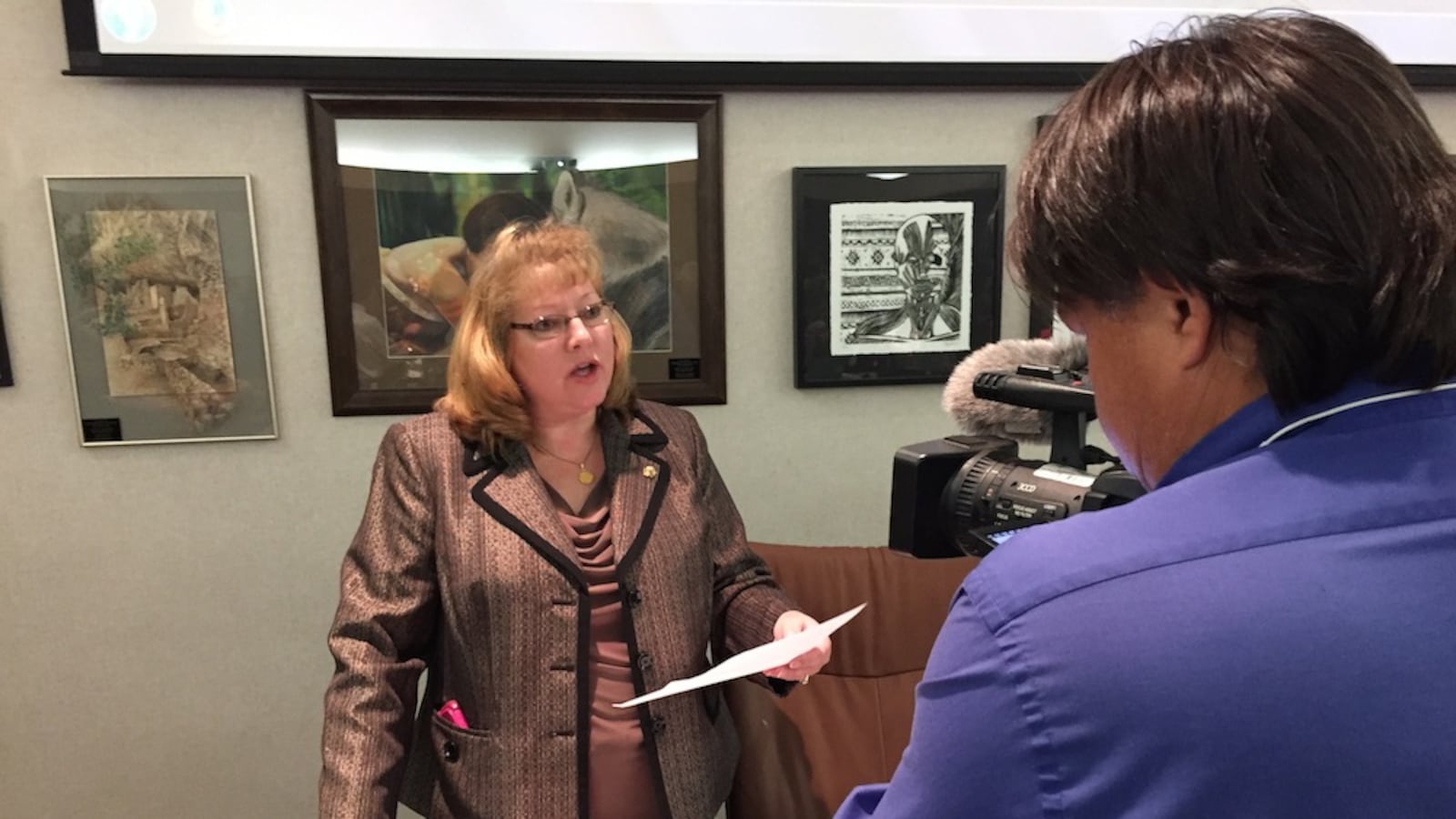 School board member Julie Williams, left, answered questions Thursday night at the Jeffco school board meeting.