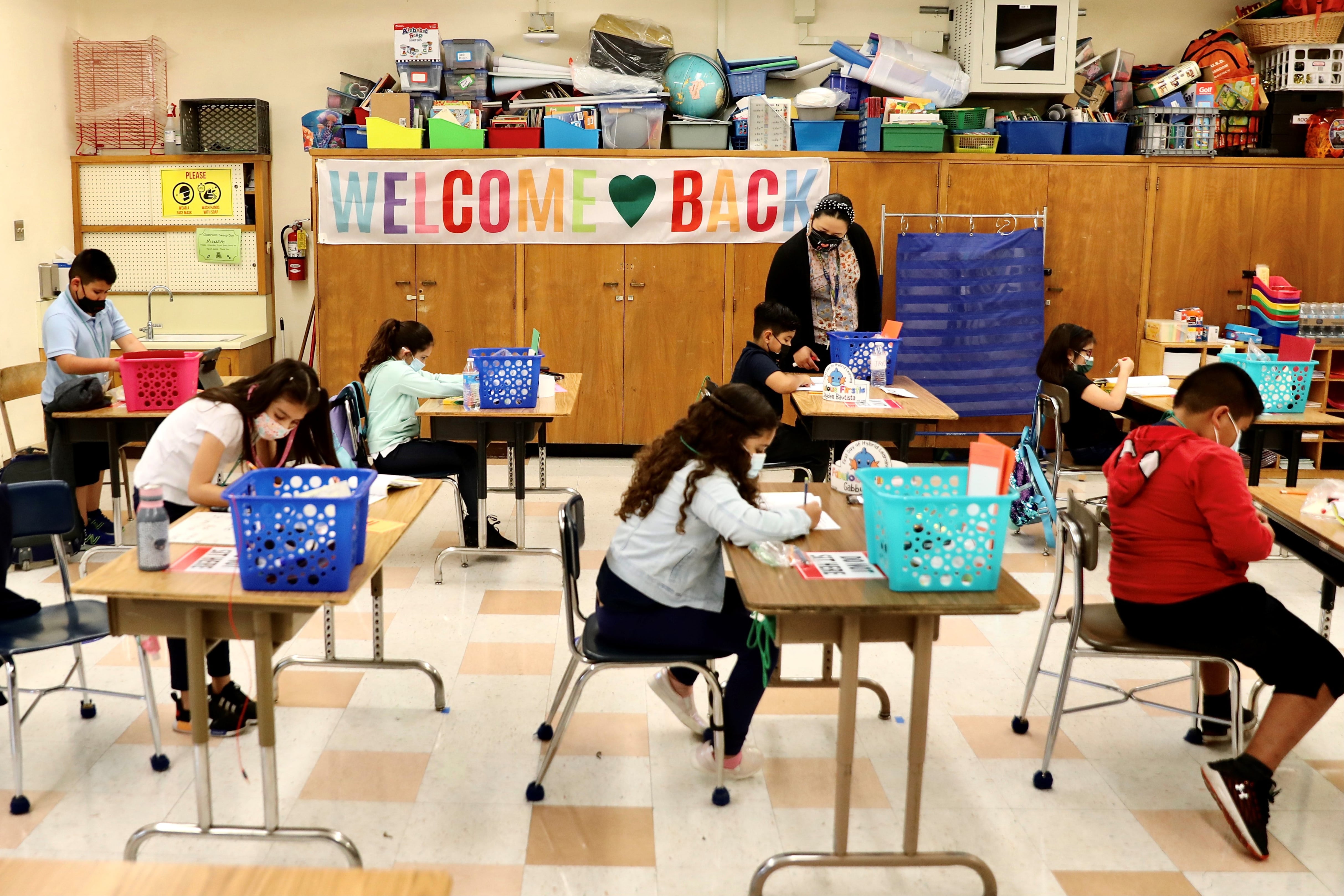 Los Angeles students attend a class in person in April 2021.