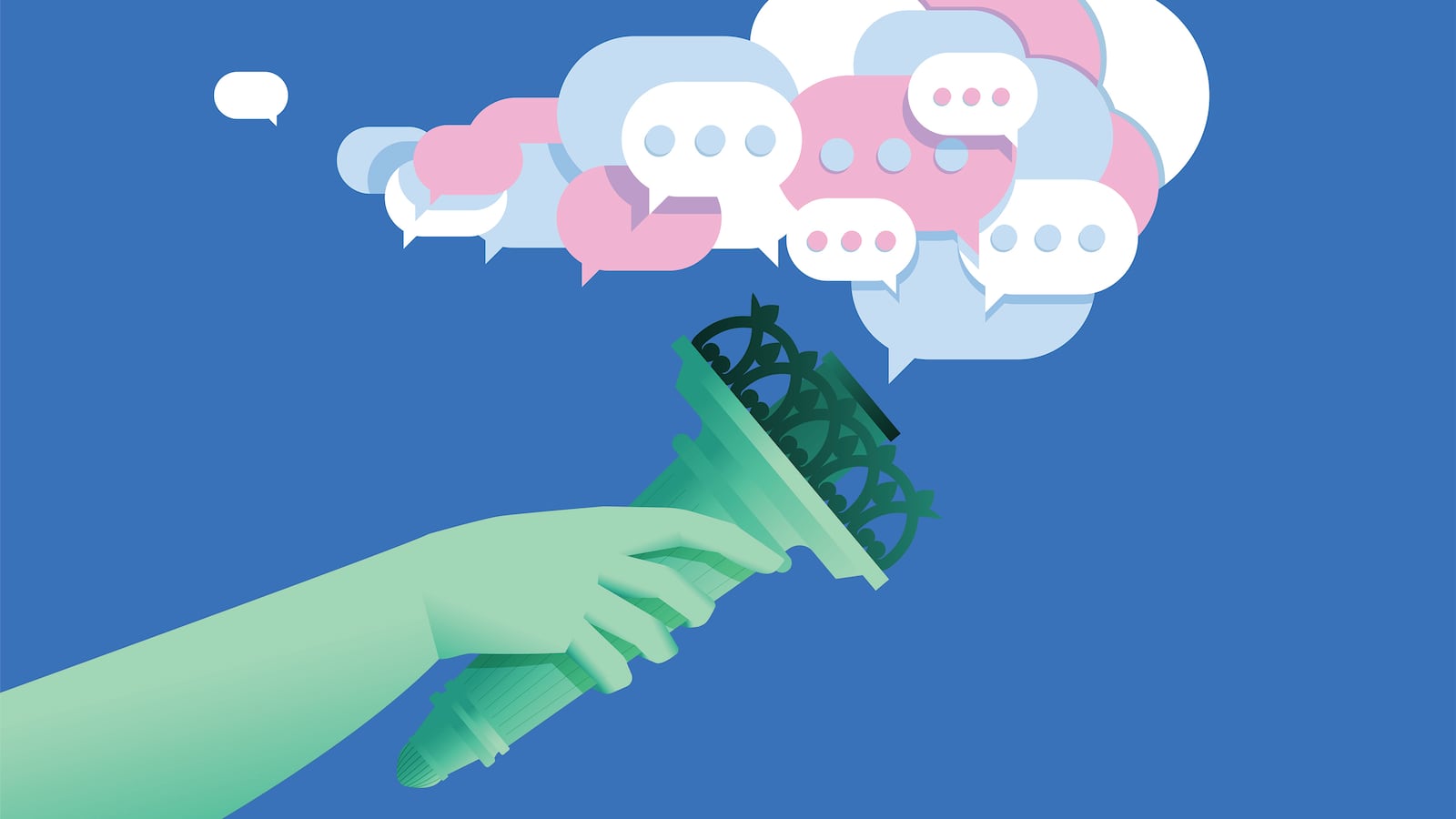 Statue of Liberty holding torch wit chatbot text bubble