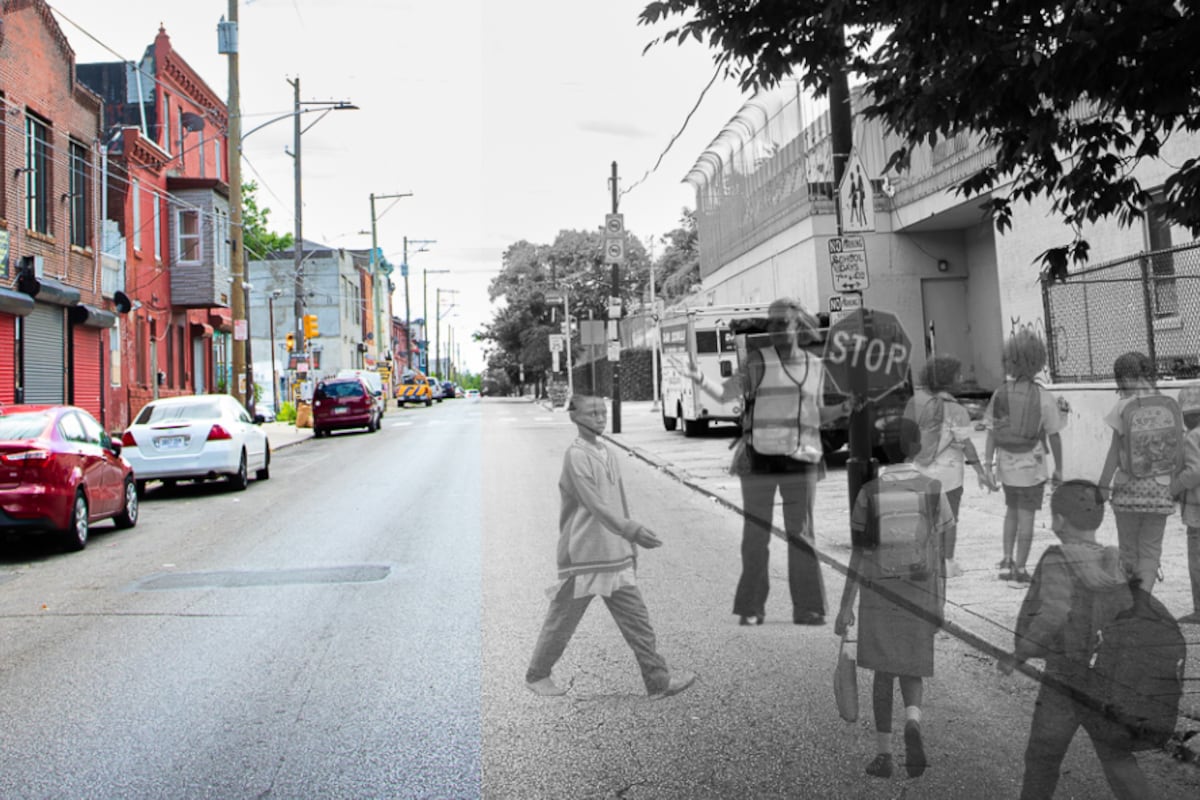 A photo illustration showing a street scene with half of it in color and the right half in black and white with a group of students crossing the street.
