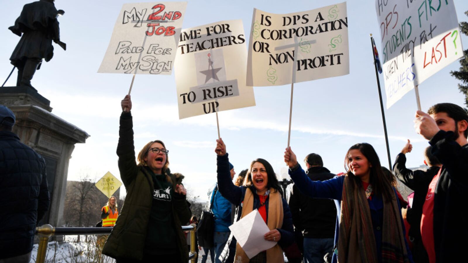 Denver Classroom Teachers Association teachers and supporters rally at the Colorado State Capitol on January 30, 2019, demanding better wages and urging the state not to get involved in a possible strike.