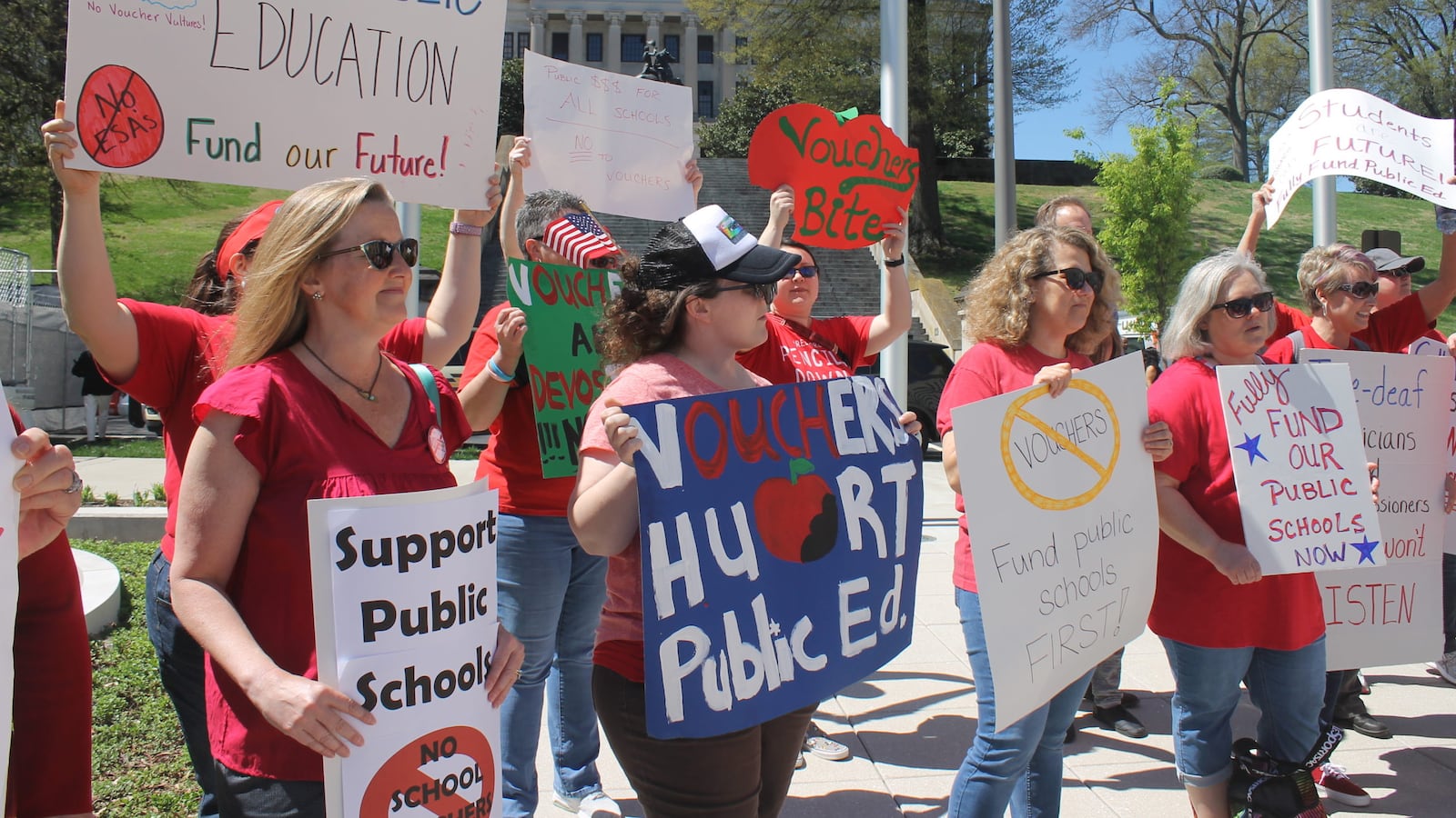 Teachers, parents and other education advocates protest on April 9, 2019, at Tennessee’s Capitol, where they voiced concerns about Gov. Bill Lee’s education savings account proposal.