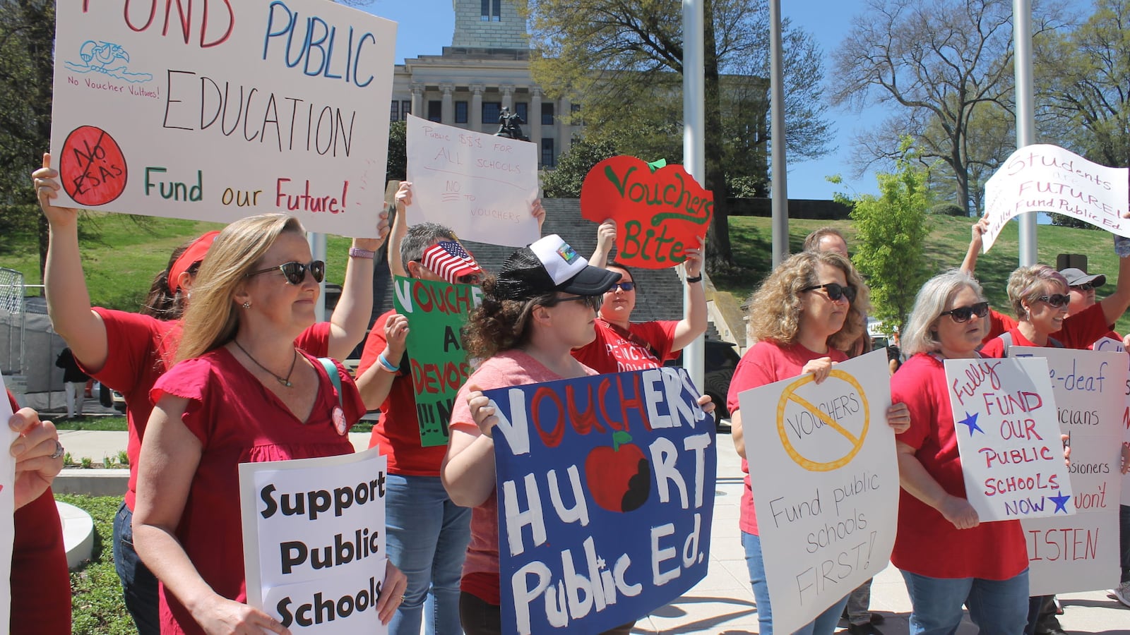 Teachers, parents and other education advocates protest on April 9, 2019, at Tennessee’s Capitol, where they voiced concerns about Gov. Bill Lee’s education savings account proposal.