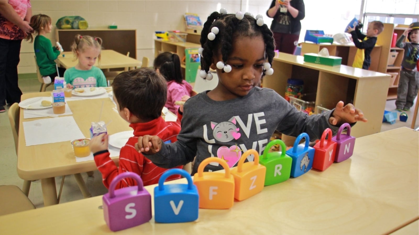Makayla Grant gets busy on her first day of preschool at SPIN-Parkwood in January.