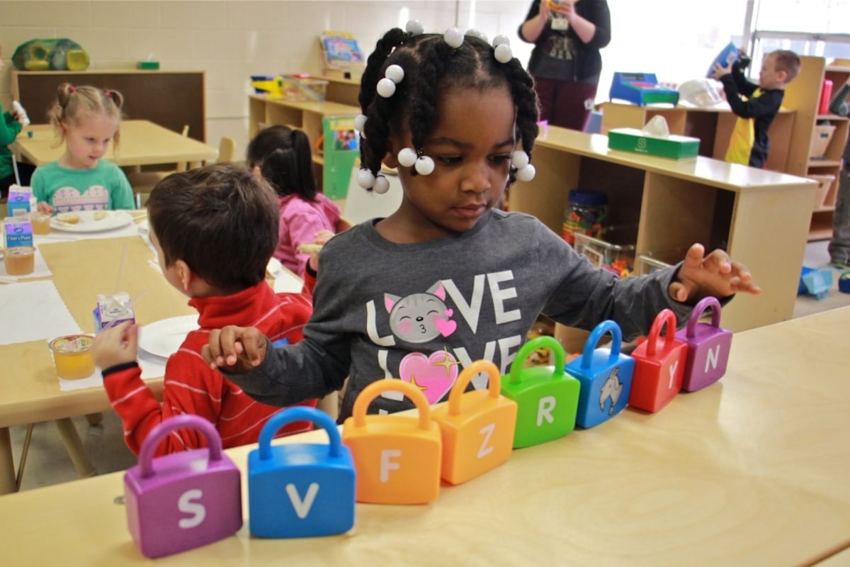 Makayla Grant gets busy on her first day of preschool at SPIN-Parkwood in January.