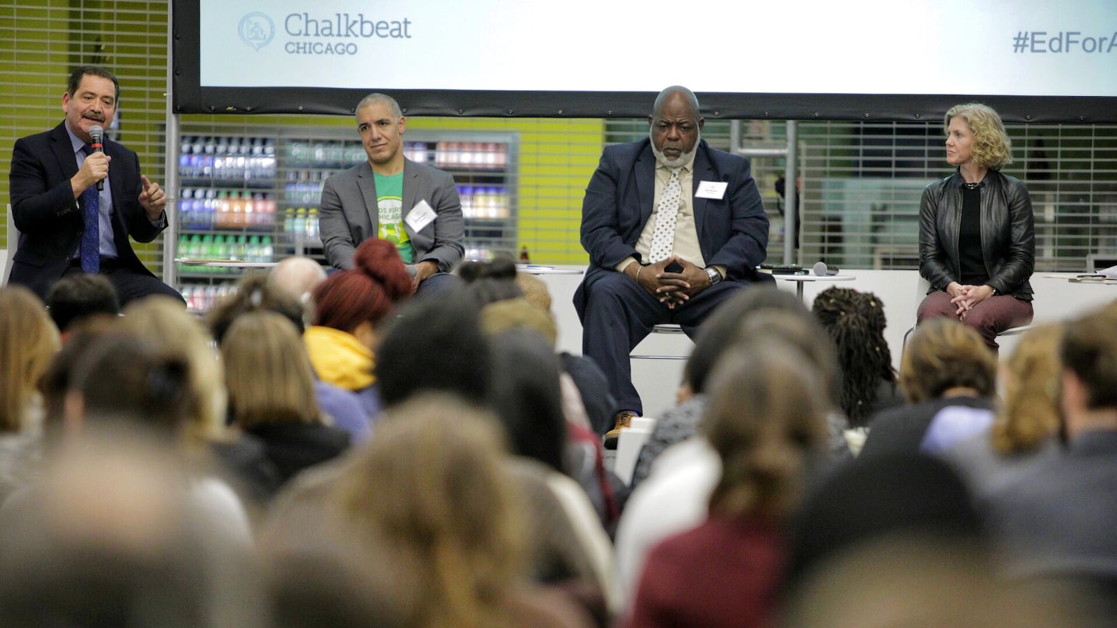 Panelists at a Chalkbeat Chicago forum on the city's next mayor and public schools included, from left, Jesus "Chuy" Garcia, Daniel Anello, Jitu Brown, and Beth Swanson
