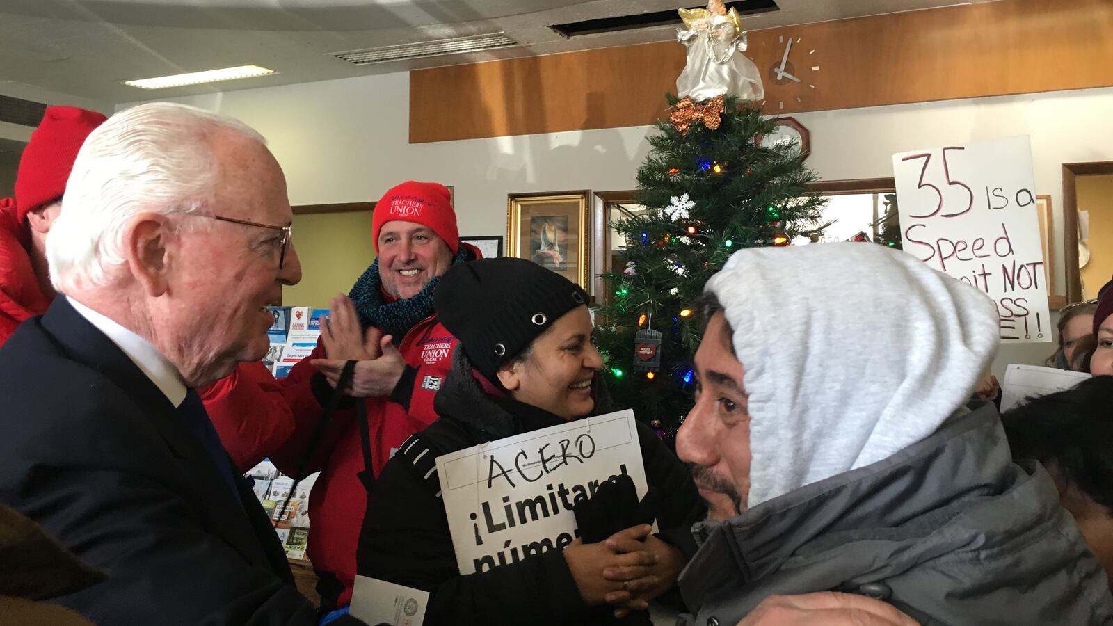 Chicago Alderman Ed Burke, left, met Dec. 7, 2018, with striking Acero teachers and their supporters, who were protesting at his office.