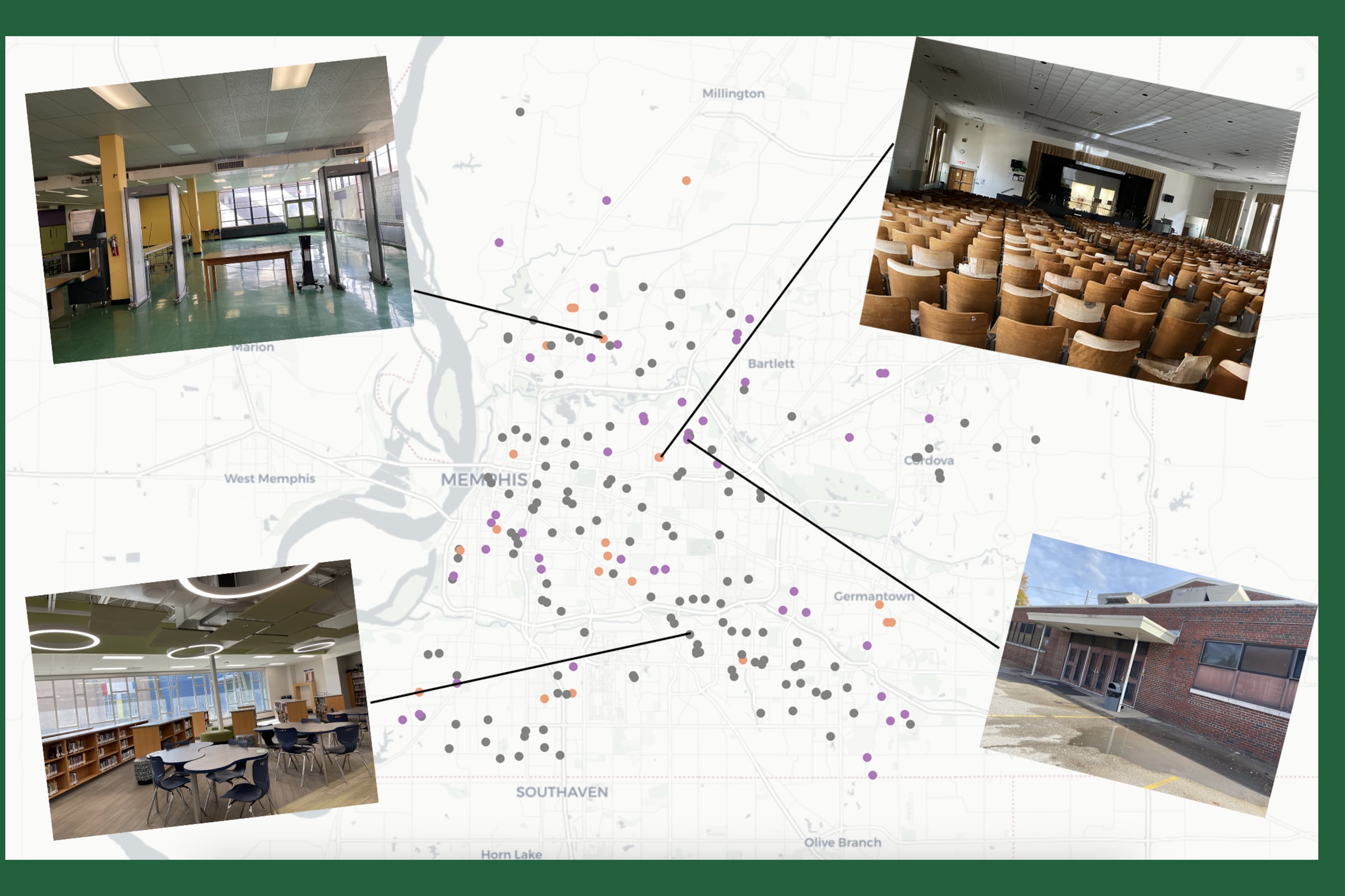 A map of Memphis with colorful dots and four black lines pointing to four different photos with a dark green background.