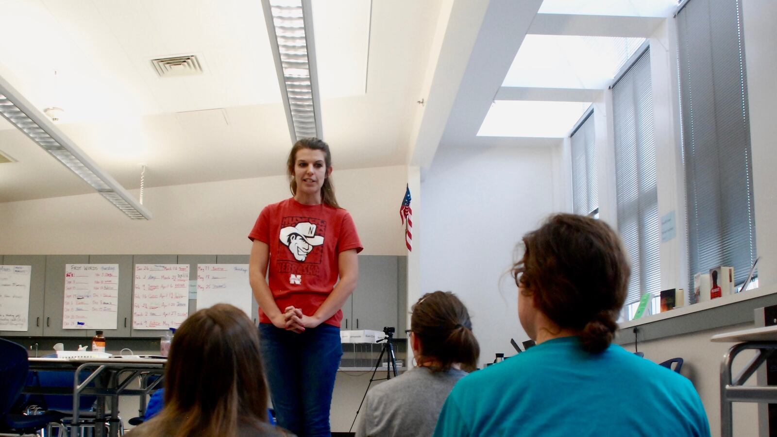 A Relay resident practices giving directions to her peers, who pretend to be students.