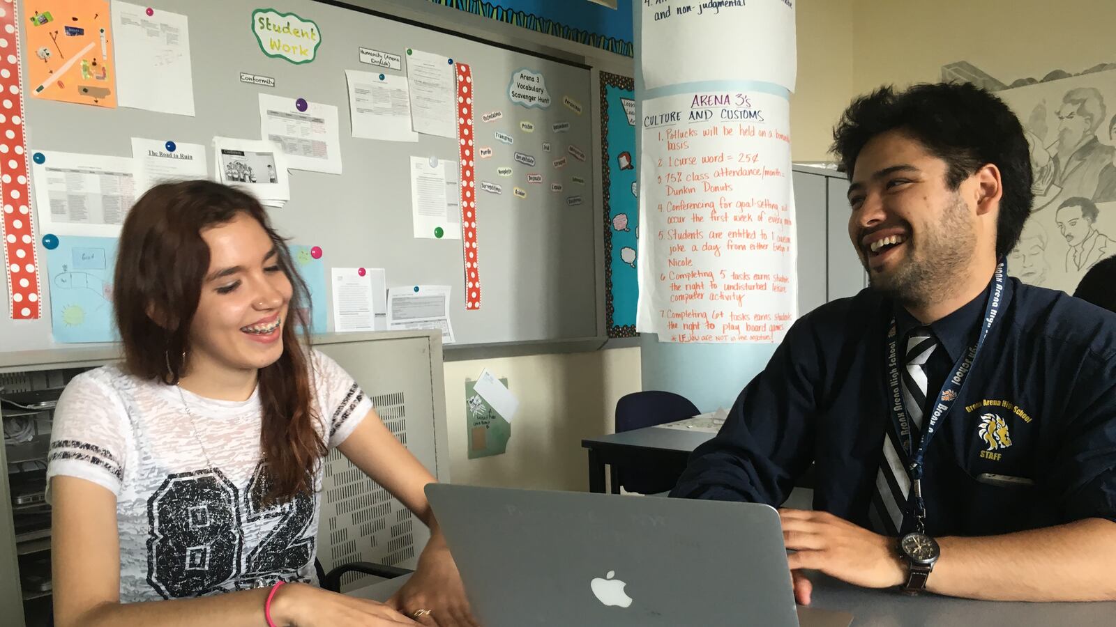 Bronx Arena student Jasmine Broda practices French with Nicholas Geron.