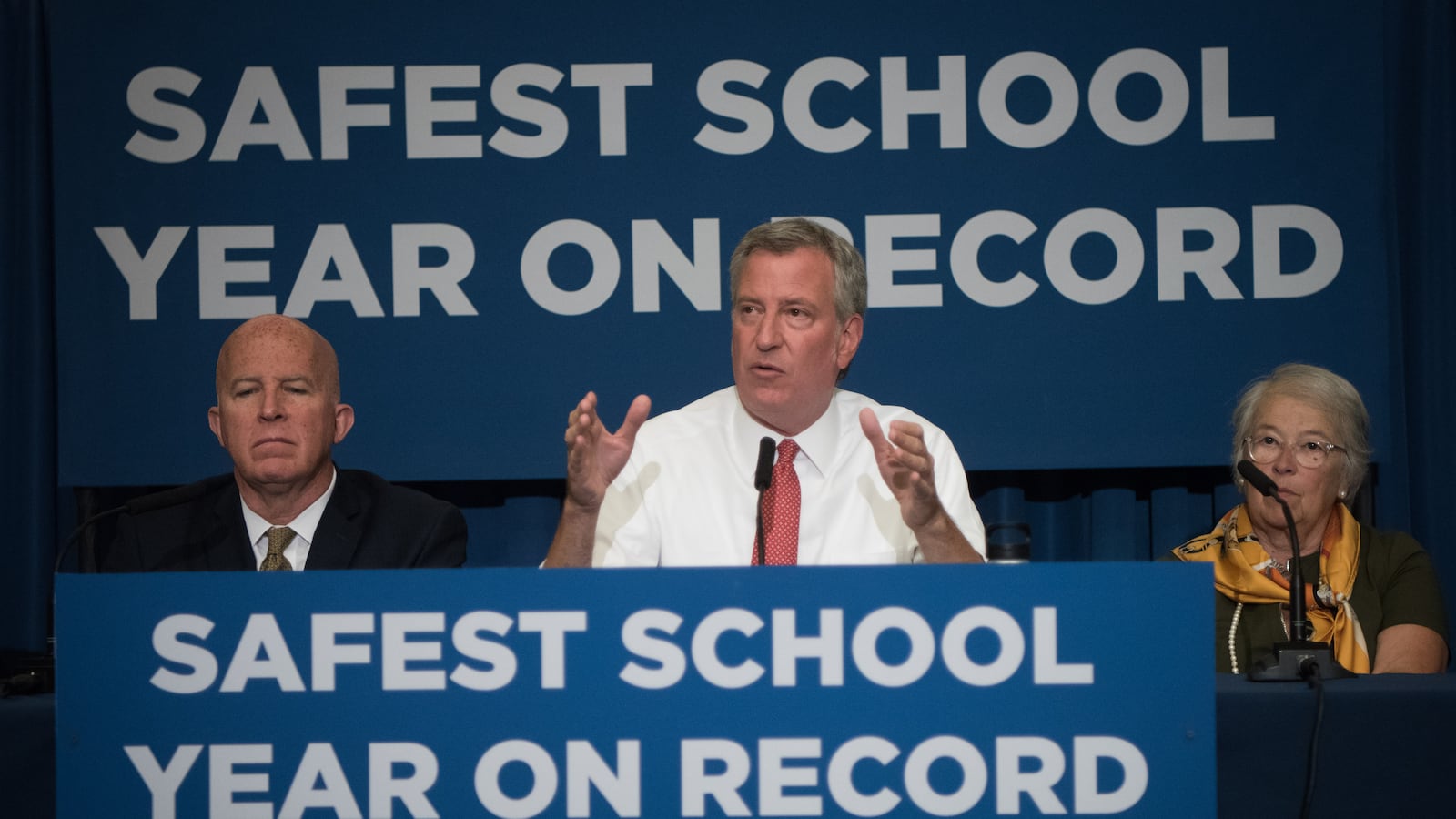 Mayor Bill de Blasio, flanked by police Commissioner James O’Neill and Chancellor Carmen Fariña held a press conference on school safety at M.S. 88 in Brooklyn in August.