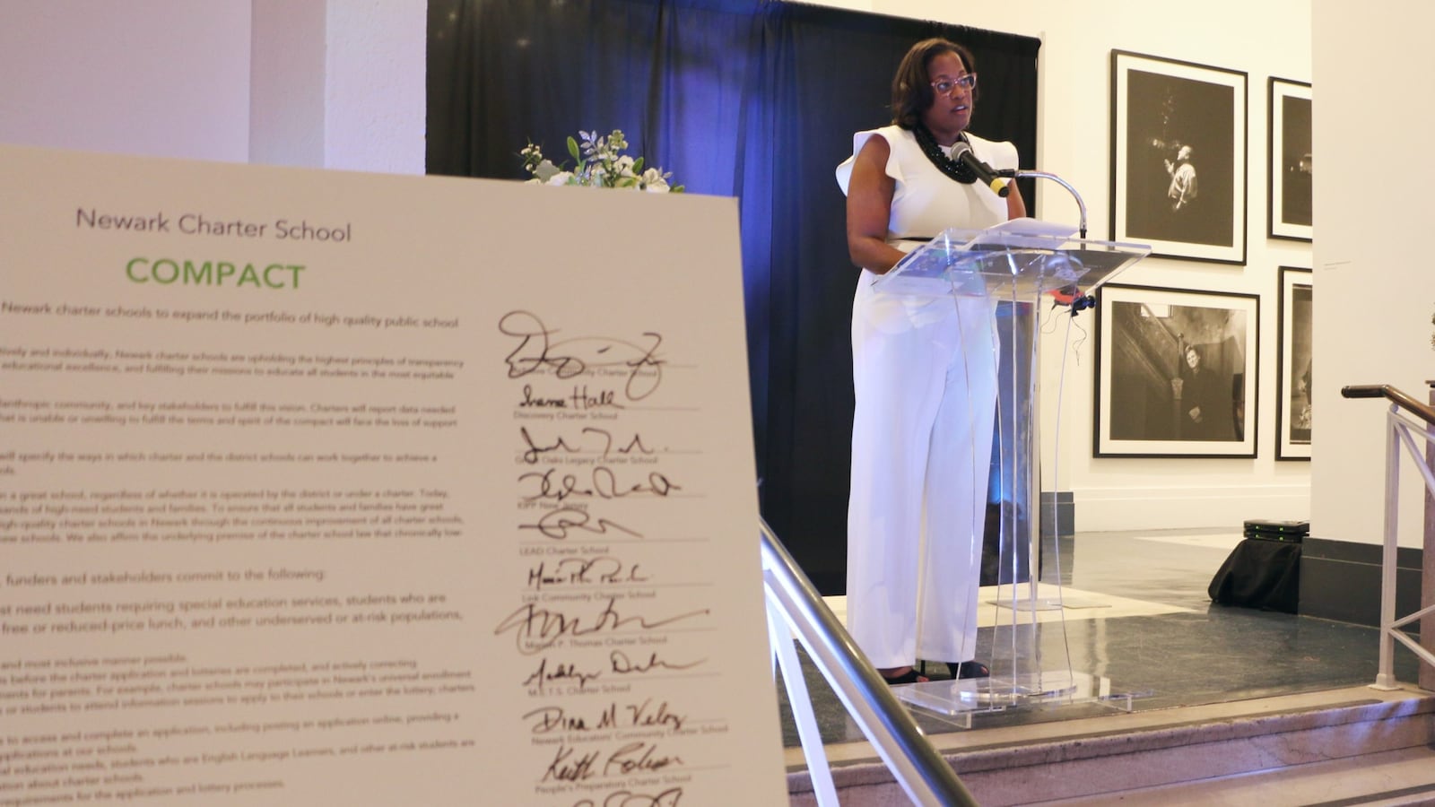 Michele Mason, executive director of the the Newark Charter School Fund, at a farewell event for the group Tuesday. Each year, the group asks local charter schools to sign a compact affirming their commitment to shared principles.