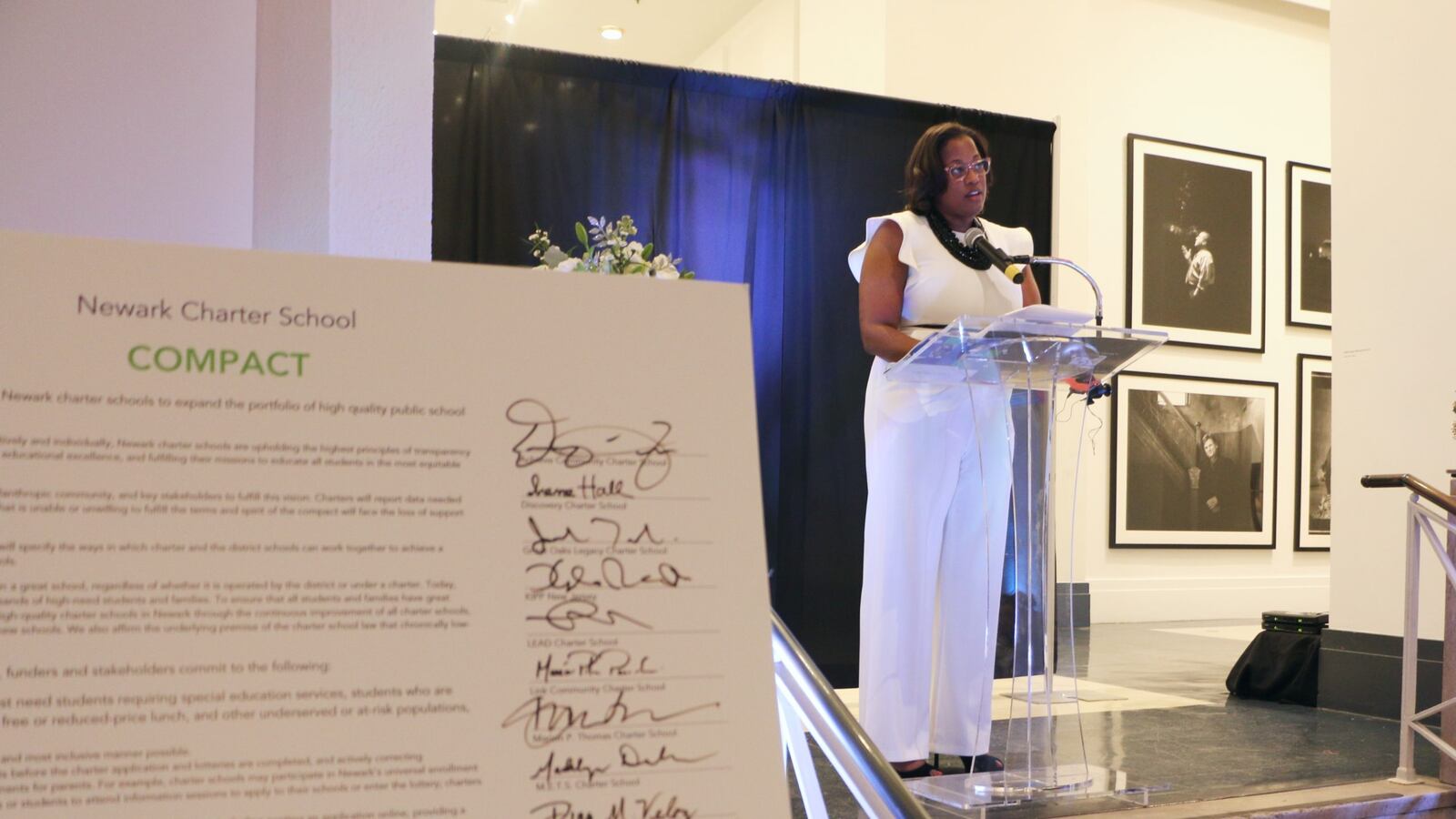 Michele Mason, executive director of the the Newark Charter School Fund, at a farewell event for the group Tuesday. Each year, the group asks local charter schools to sign a compact affirming their commitment to shared principles.