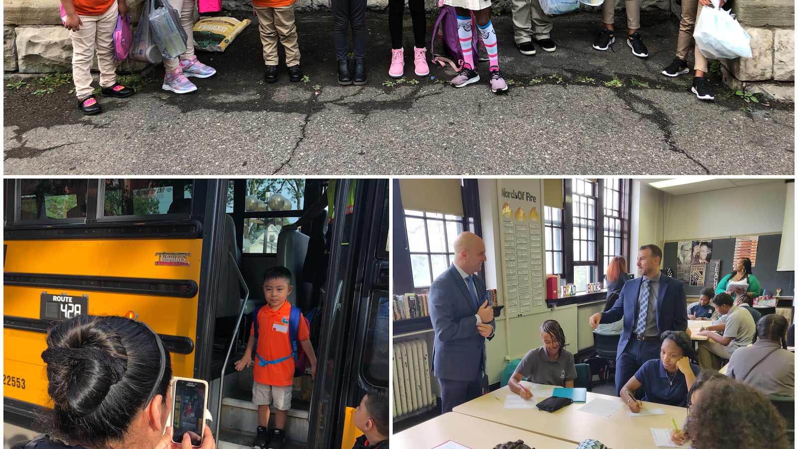Scenes from the first day of school in Detroit at Escuela Avancemos, a charter school (top and left), and The School at Marygrove, an innovative new program in the Detroit district.