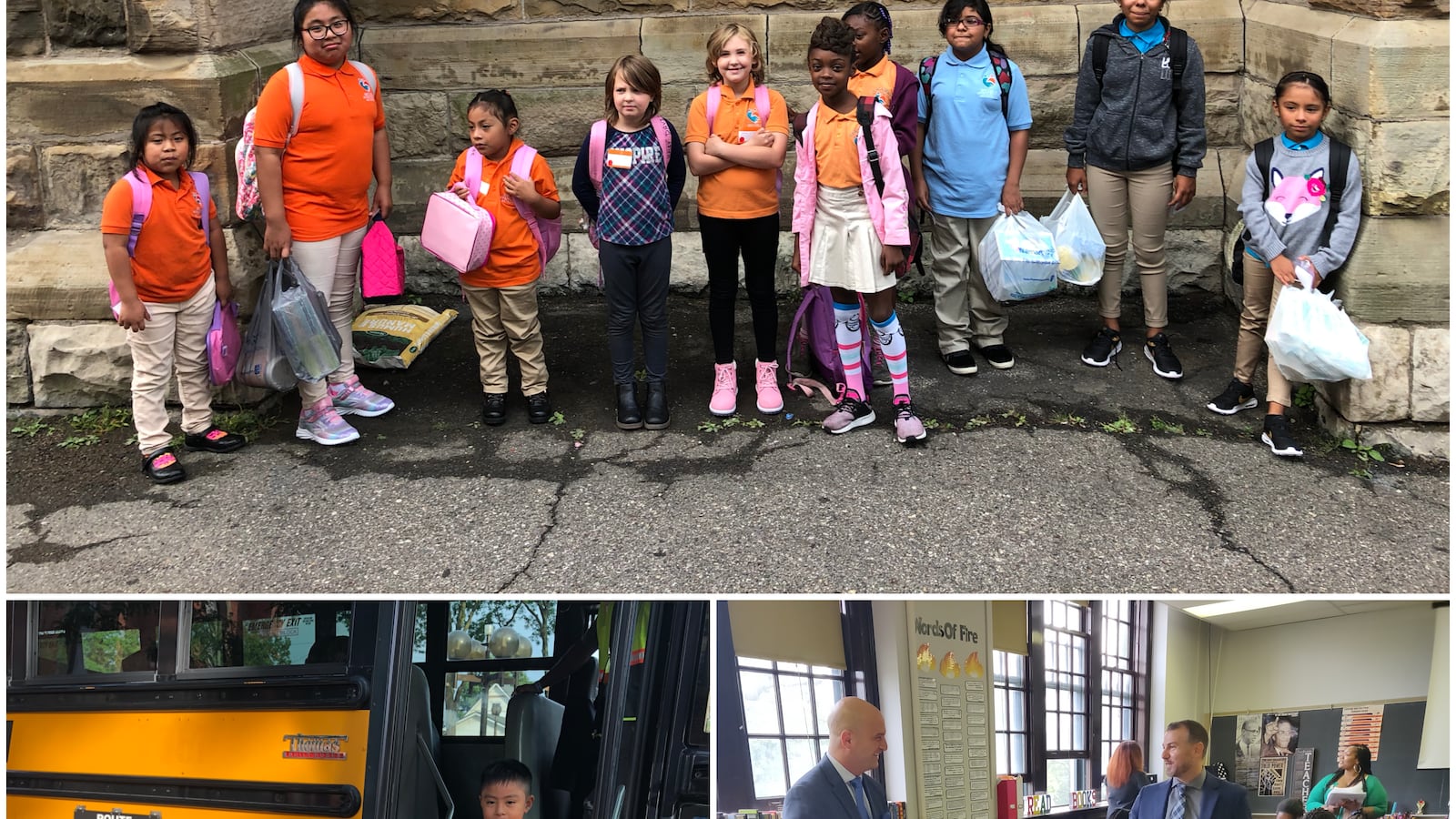 Scenes from the first day of school in Detroit at Escuela Avancemos, a charter school (top and left), and The School at Marygrove, an innovative new program in the Detroit district.