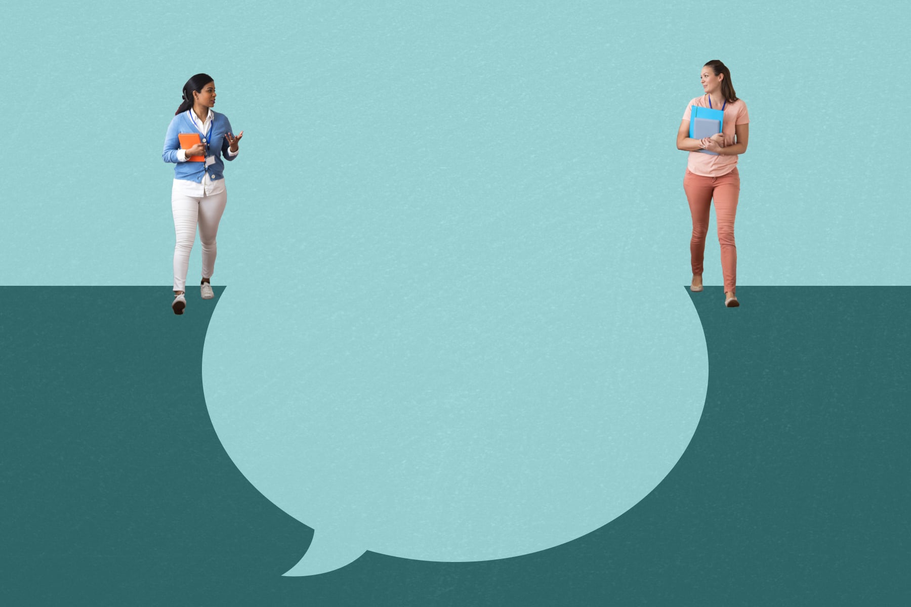 Two teachers in conversation separated by a large divide in the shape of a quote bubble.