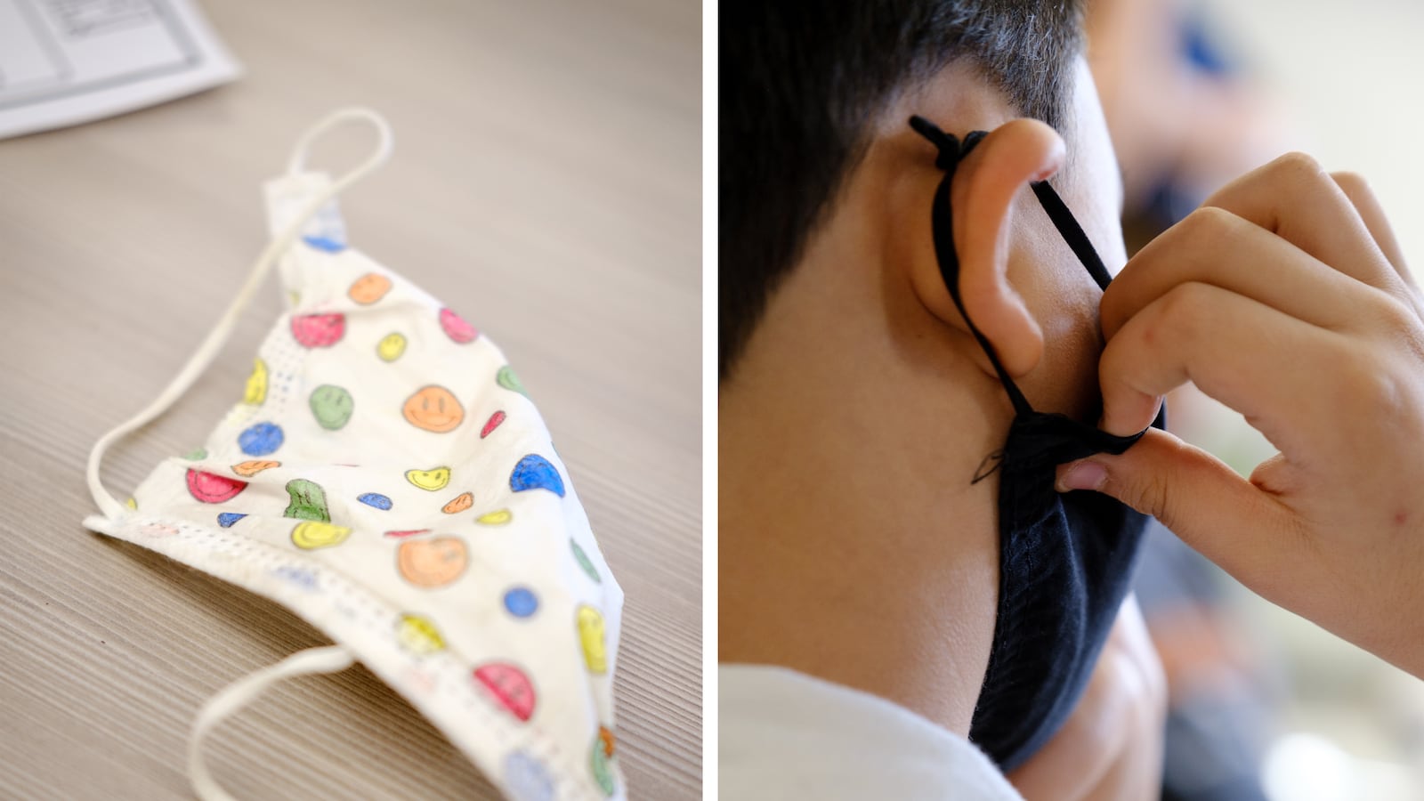 (Left) A student’s mask lays on a desk, adorned with colorful smiley faces. (Right) A student adjusts their mask while listening in the classroom.