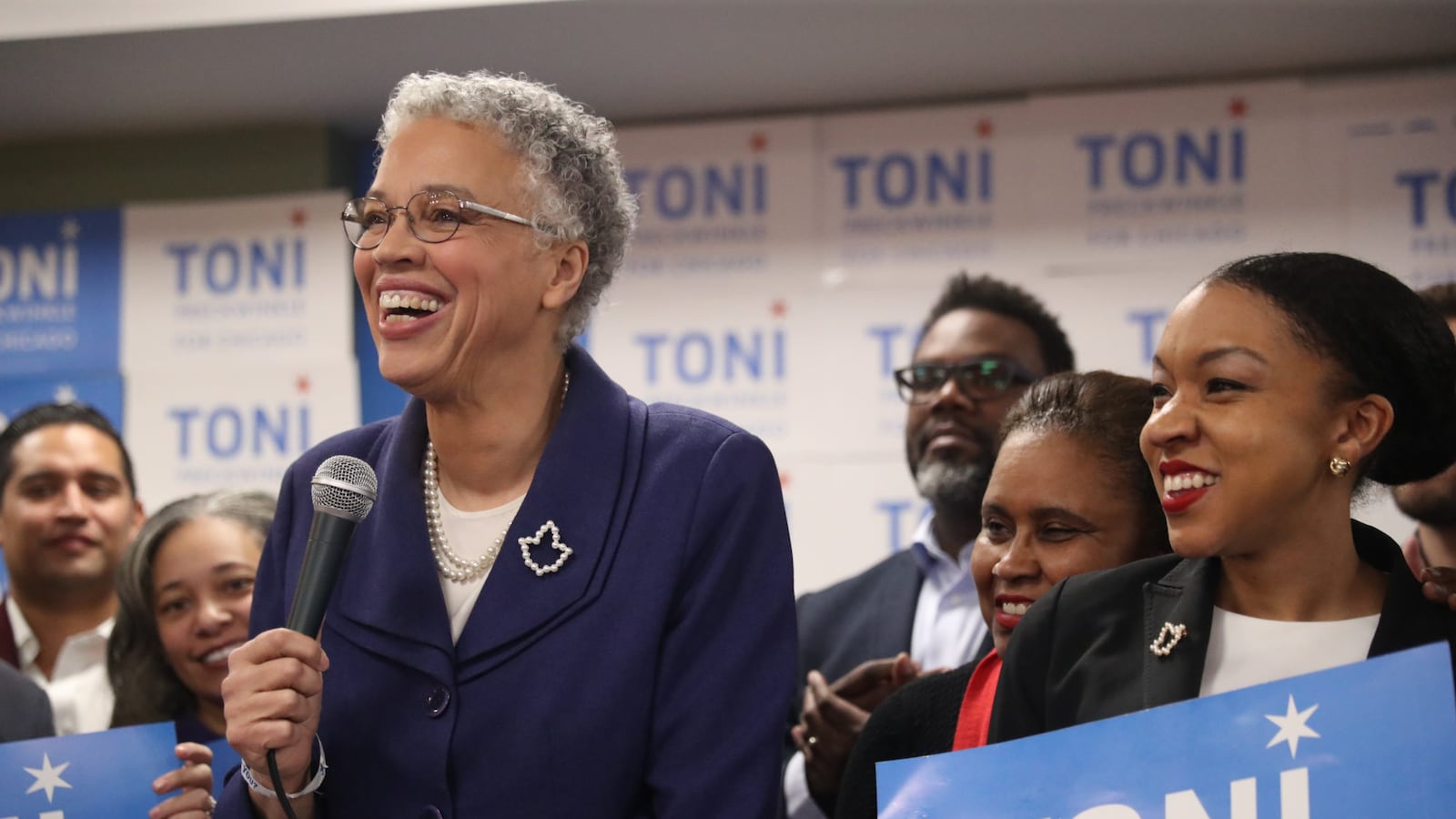 Mayoral candidate Toni Preckwinkle appears with supporters Tuesday night, Feb. 26, 2019 at the Lake Shore Cafe in Chicago. (Chris Sweda/Chicago Tribune/TNS via Getty Images)