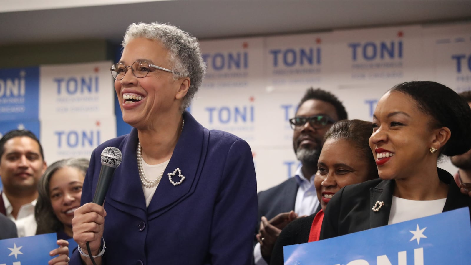 Mayoral candidate Toni Preckwinkle appears with supporters Tuesday night, Feb. 26, 2019 at the Lake Shore Cafe in Chicago. (Chris Sweda/Chicago Tribune/TNS via Getty Images)