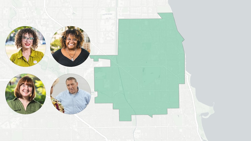 Four circular portraits on a white, green and grey map.