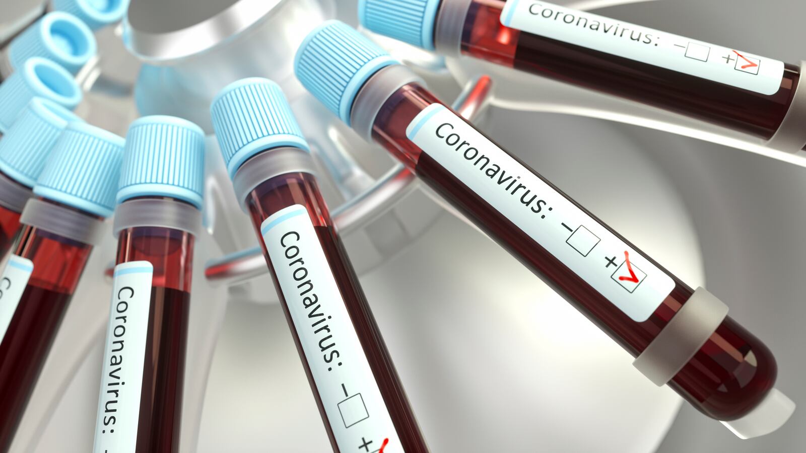 Coronaviruses research, conceptual illustration. Vials of blood in a centrifuge being tested for coronavirus infection.
