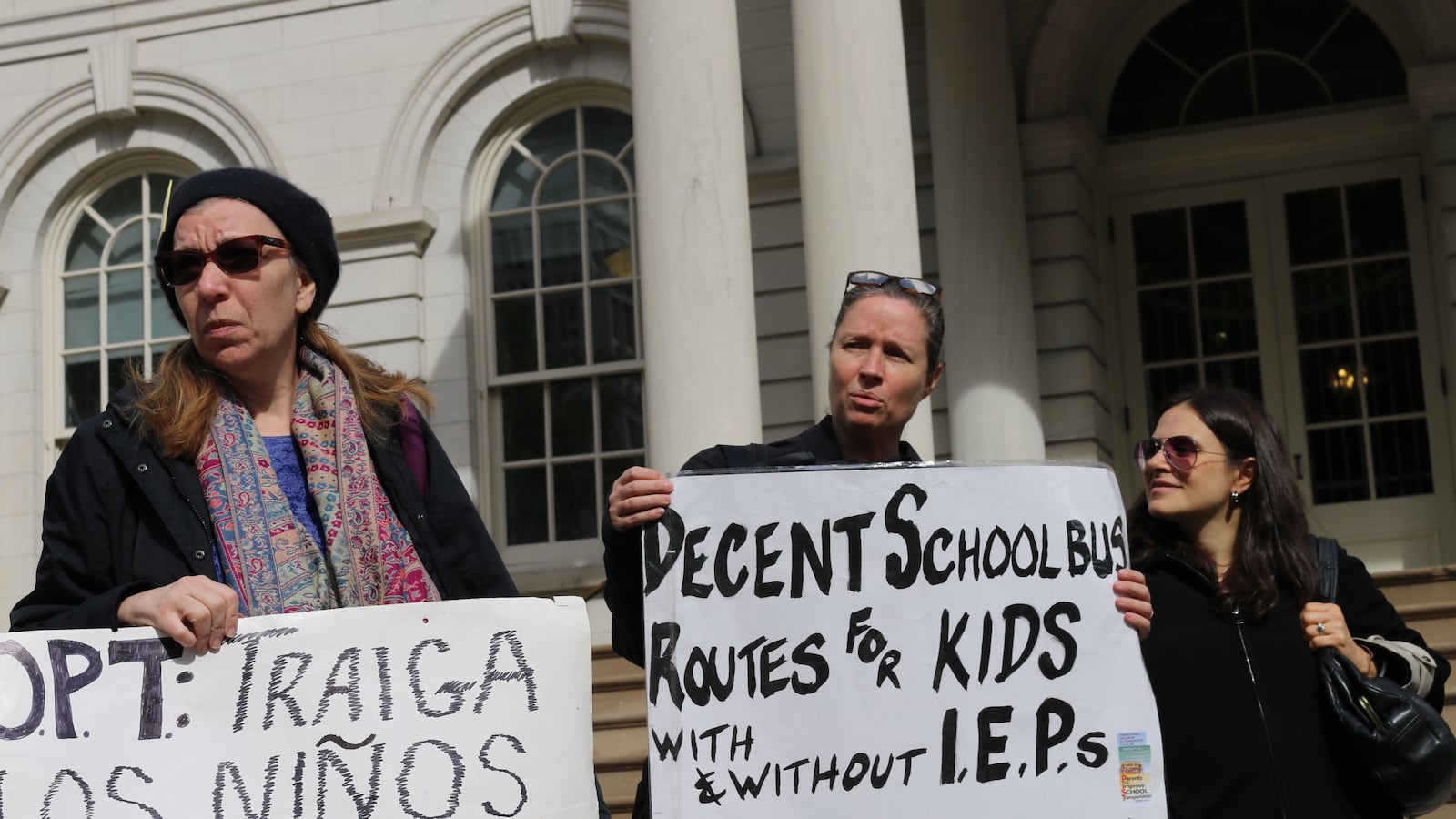 Parents gathered at a press conference outside City Hall to share their horror stories regarding New York City school bus services.