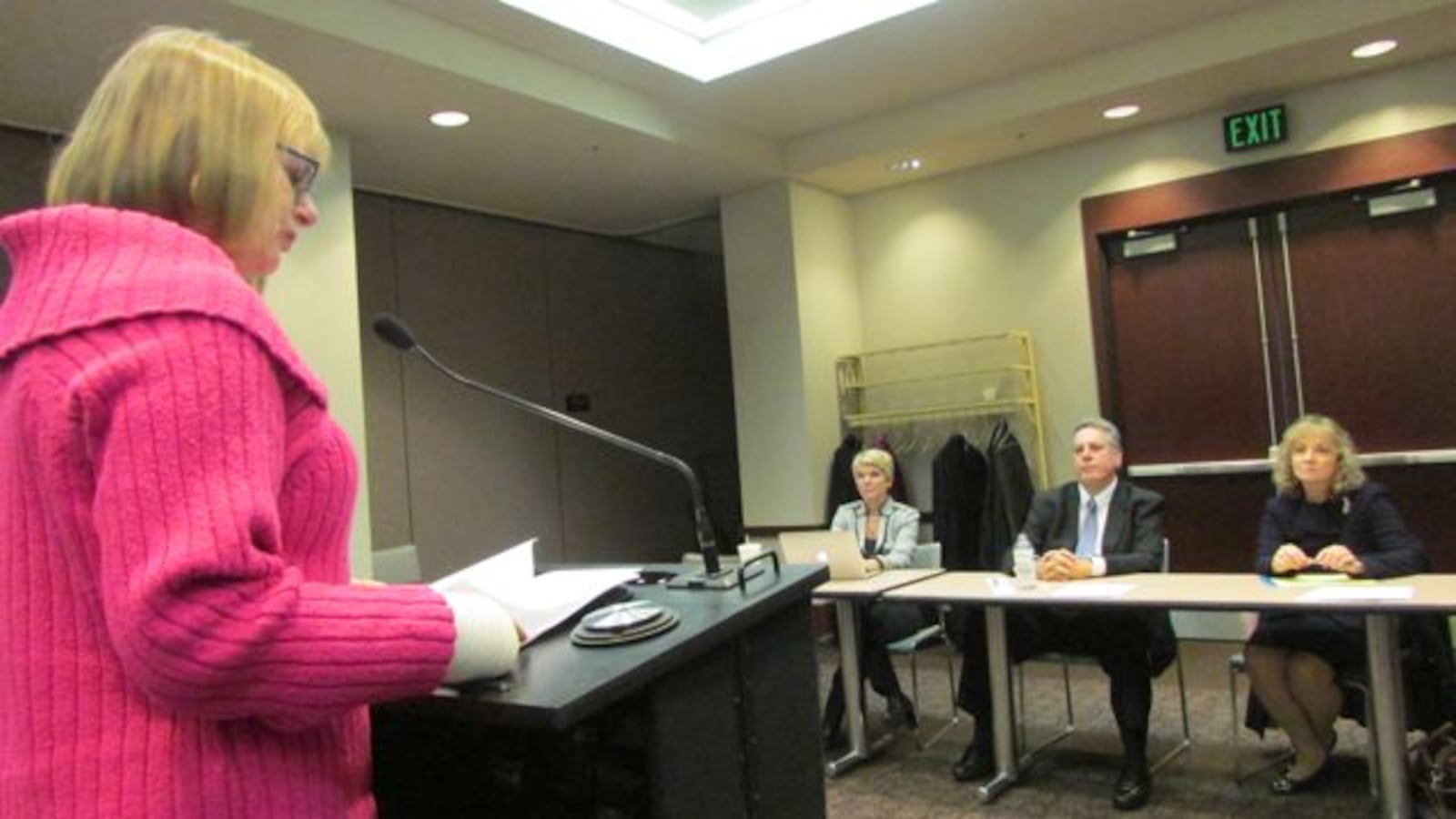 Jill Shedd, executive secretary of the Indiana Association of Colleges for Teacher Education, testifies to state board members.
