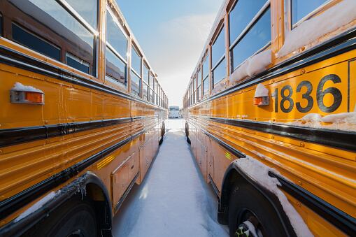 School buses sit in a yard in winter covered by snow.