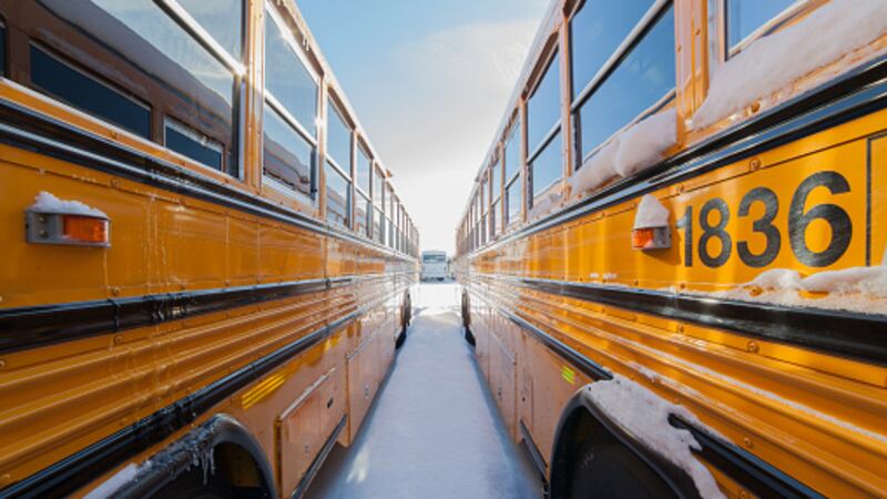 School buses sit in a yard in winter covered by snow.