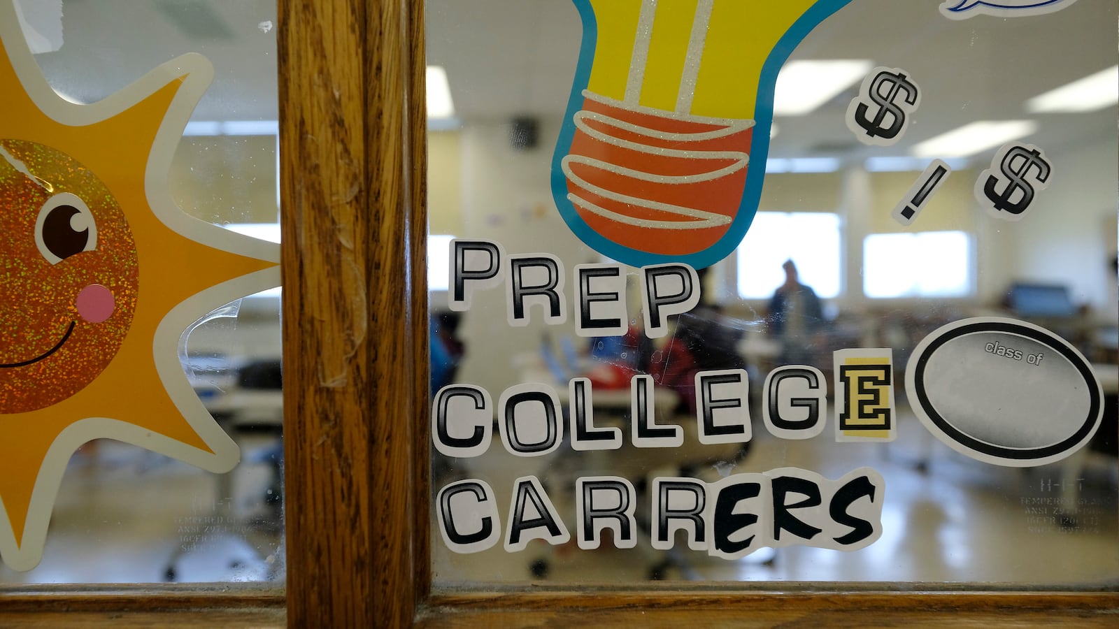 A “Prep College Careers” sign on a window at Crispus Attucks High School, a public school in Indianapolis, Indiana. — April 2019 — Photo by Alan Petersime/Chalkbeat