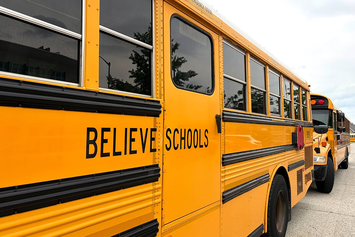 A line of yellow school buses.
