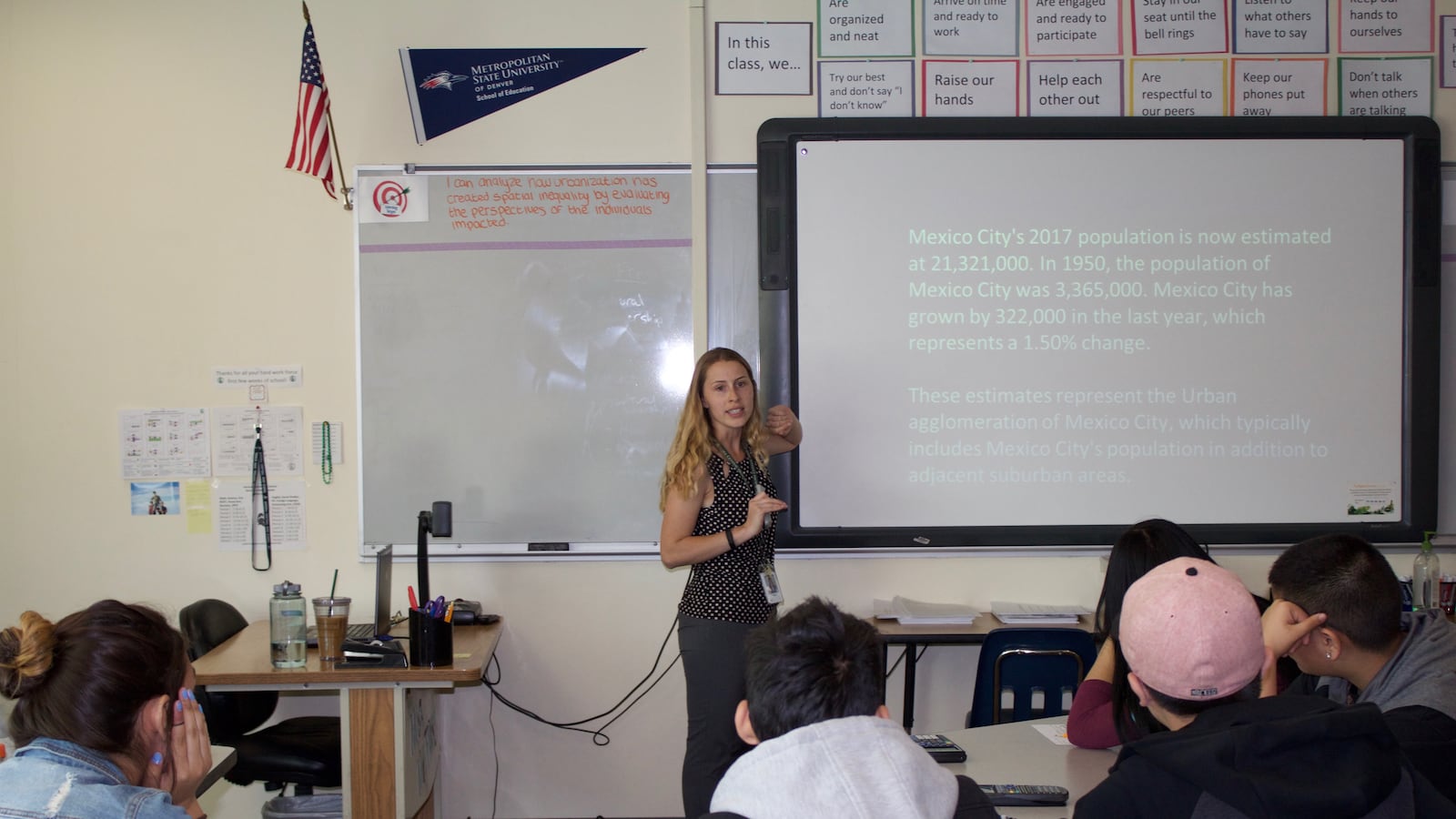 A social studies teacher gives a class to freshman at Aurora Central High School in April 2017. (Photo by Yesenia Robles, Chalkbeat)