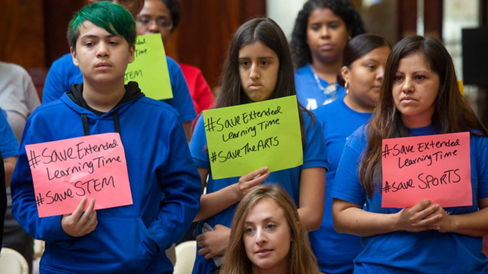 Students from M.S. 50 protest Mayor Bill de Blasio's proposal an hour of extra learning time at dozens of struggling schools.